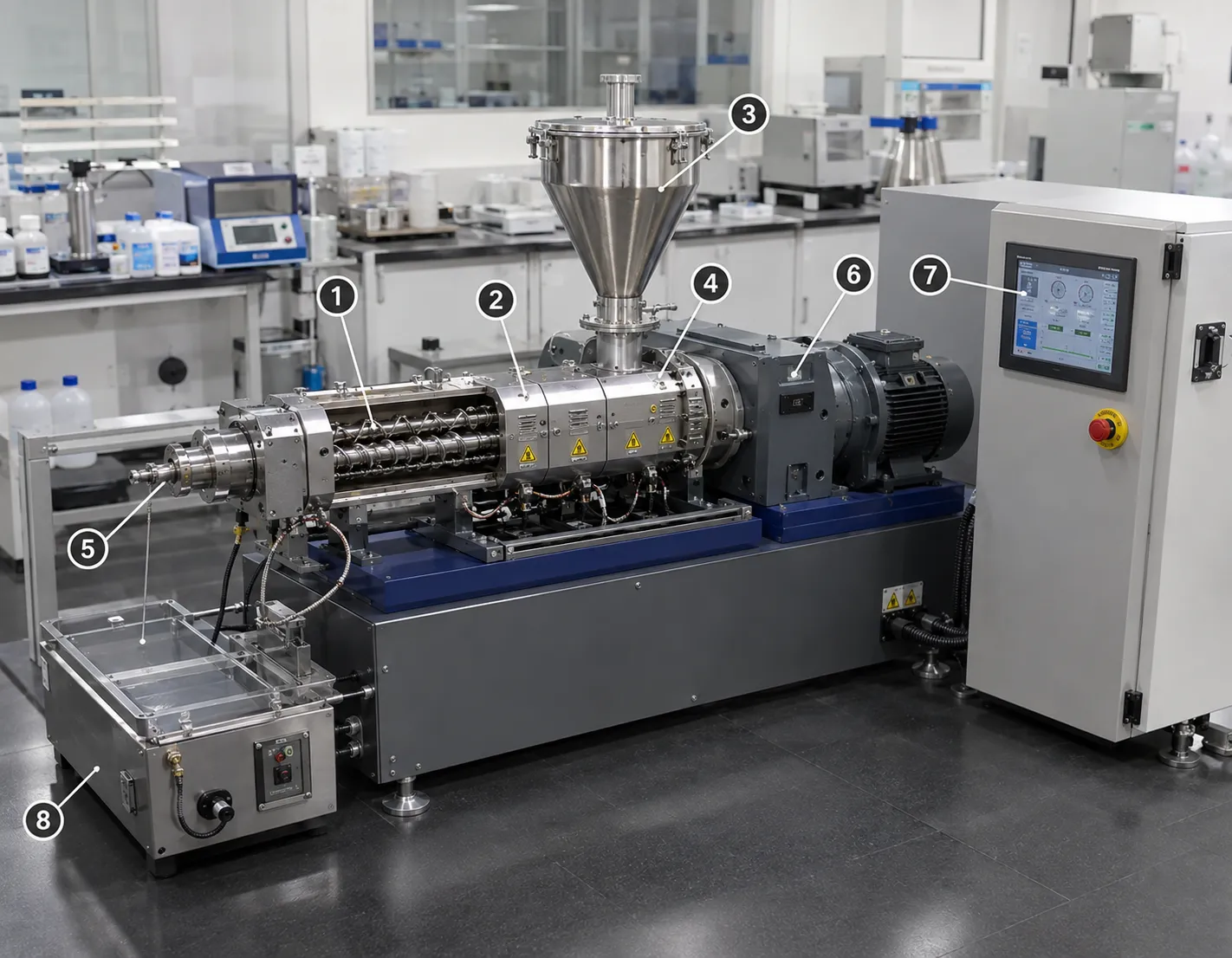 Labeled diagram of laboratory extruder components: screw, barrel, hopper, die head and PLC control at UET Machine China