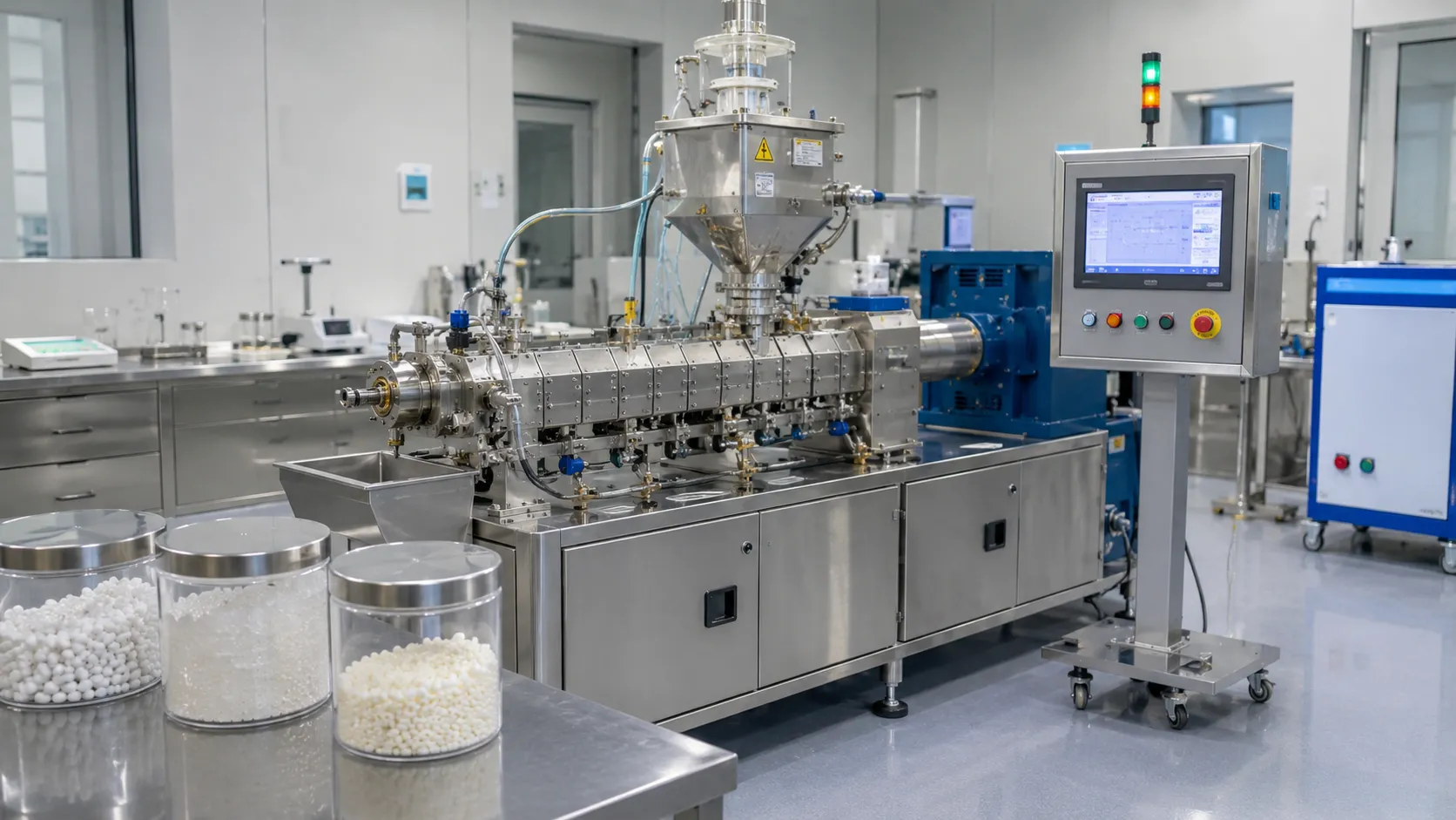 Laboratory extruder in clean sterile medical laboratory with white spherical polymer pellets in glass jars and laboratory balance for medical grade PVC TPU PCL low shear processing