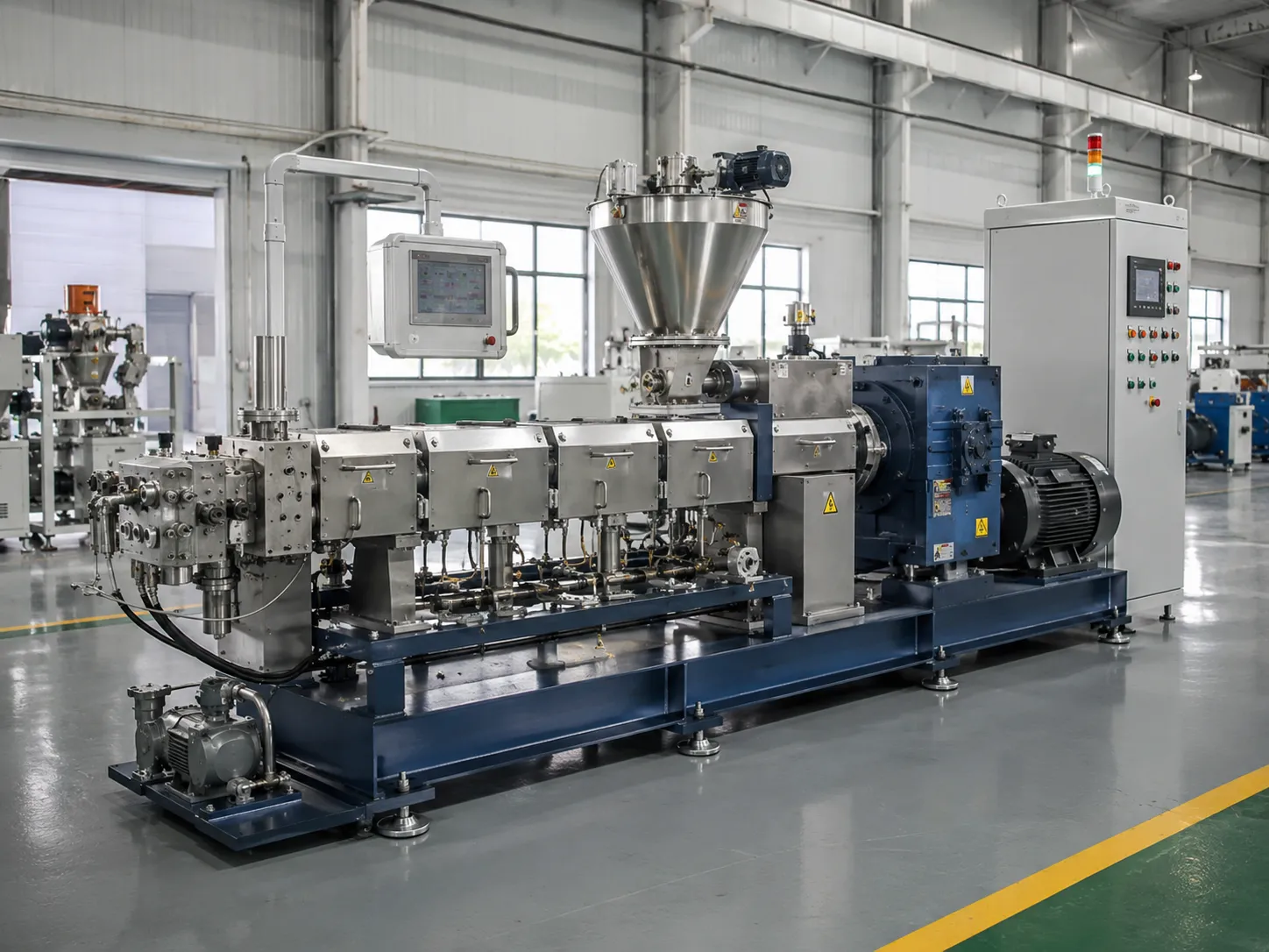 Pilot scale UET twin screw extruder on deep blue steel base with large stainless steel hopper HMI touchscreen and signal tower for 10 to 100 kg/h validation batch production