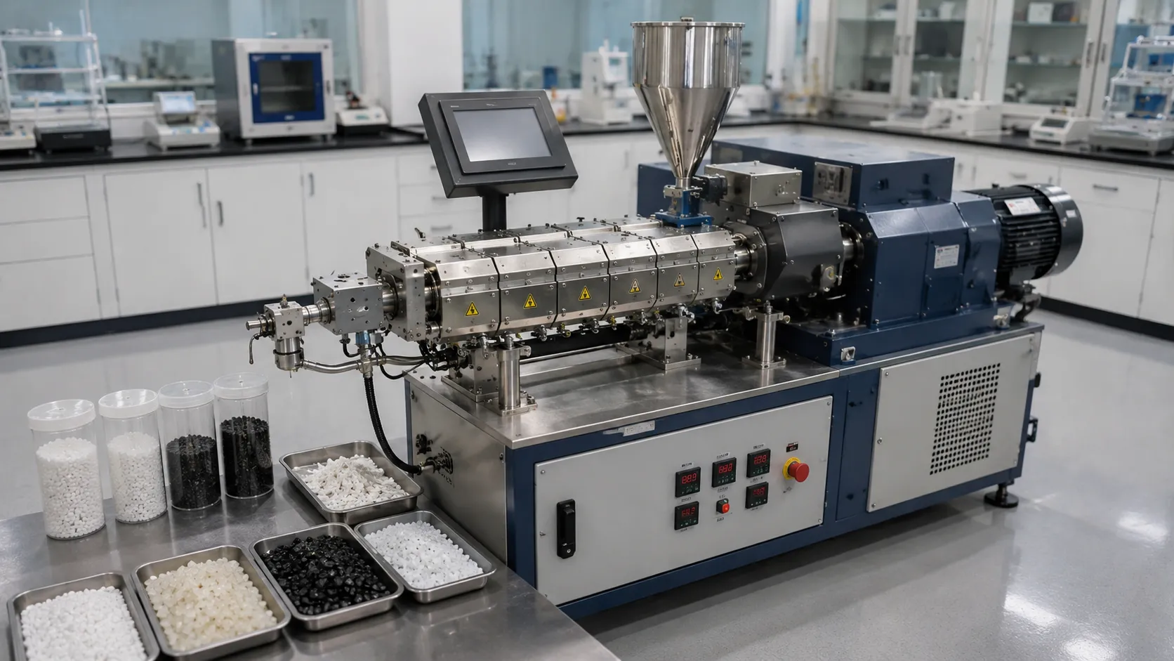 Laboratory extruder producing polymer formulation samples with white and black plastic pellets in transparent jars and stainless steel trays for PE PP PS ABS compounding R&D