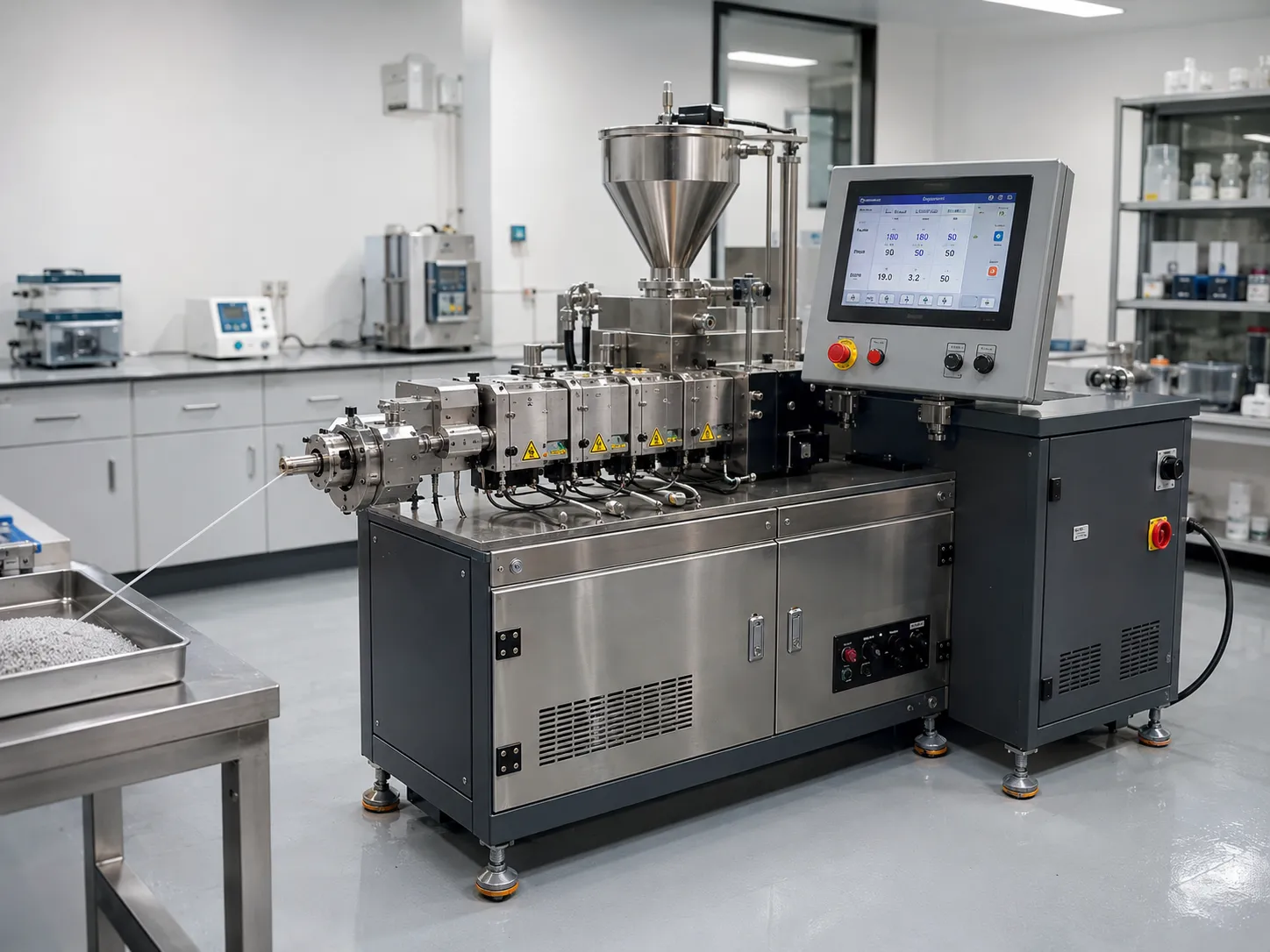 UET precision laboratory twin screw extruder with stainless steel conical hopper silver barrel sections yellow high temperature warning labels color touchscreen control panel with blue interface red emergency stop button white polymer pellet samples in stainless steel tray in clean modern research laboratory at UET Machine factory China CE ISO 9001