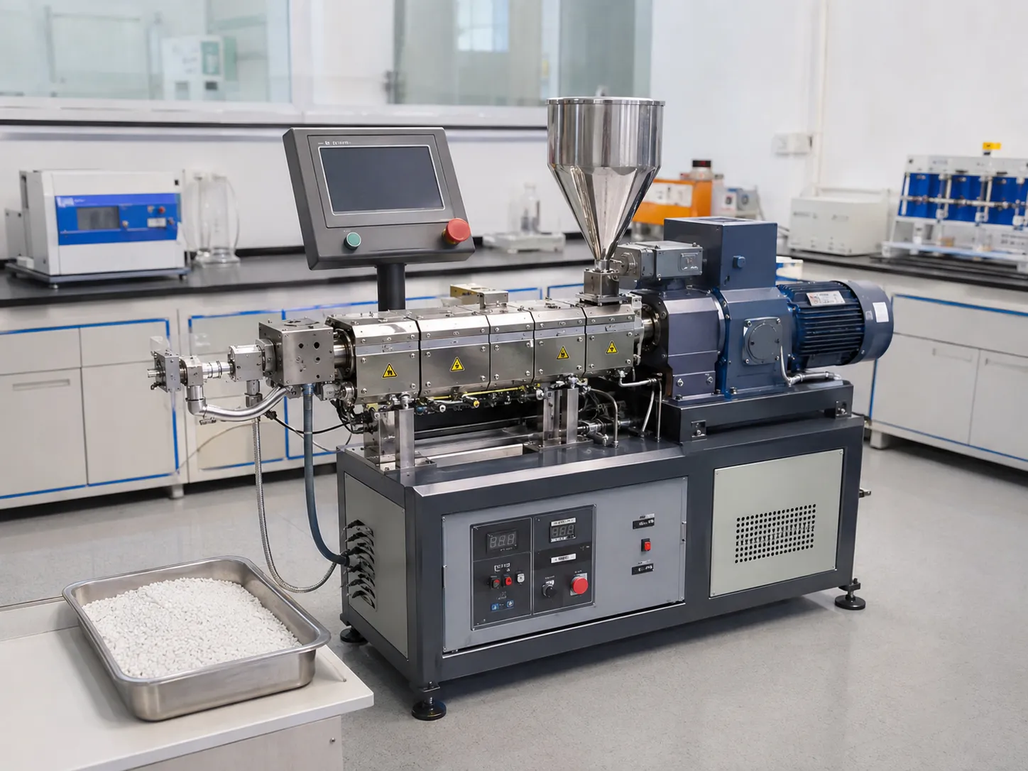 Compact UET laboratory twin screw extruder on stainless steel lab table with silver hopper deep blue motor touchscreen control panel and white polymer pellet samples for 100g to 5kg batch R&D formulation testing