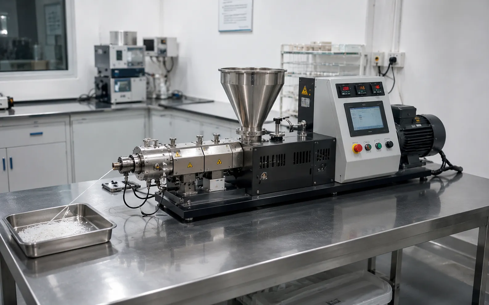 Compact UET laboratory single screw extruder on stainless steel lab table with silver hopper black body digital control panel and white PE PP pellet samples for entry-level R&D testing