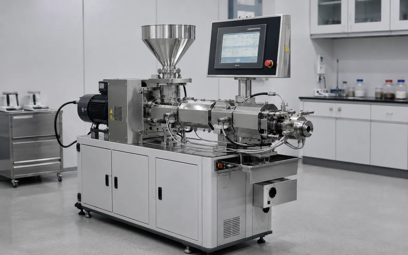 UET specialized laboratory extruder with silver stainless steel barrel funnel motor and touchscreen control panel in clean research laboratory for heat-sensitive PVC bio and medical grade polymer processing with low shear design