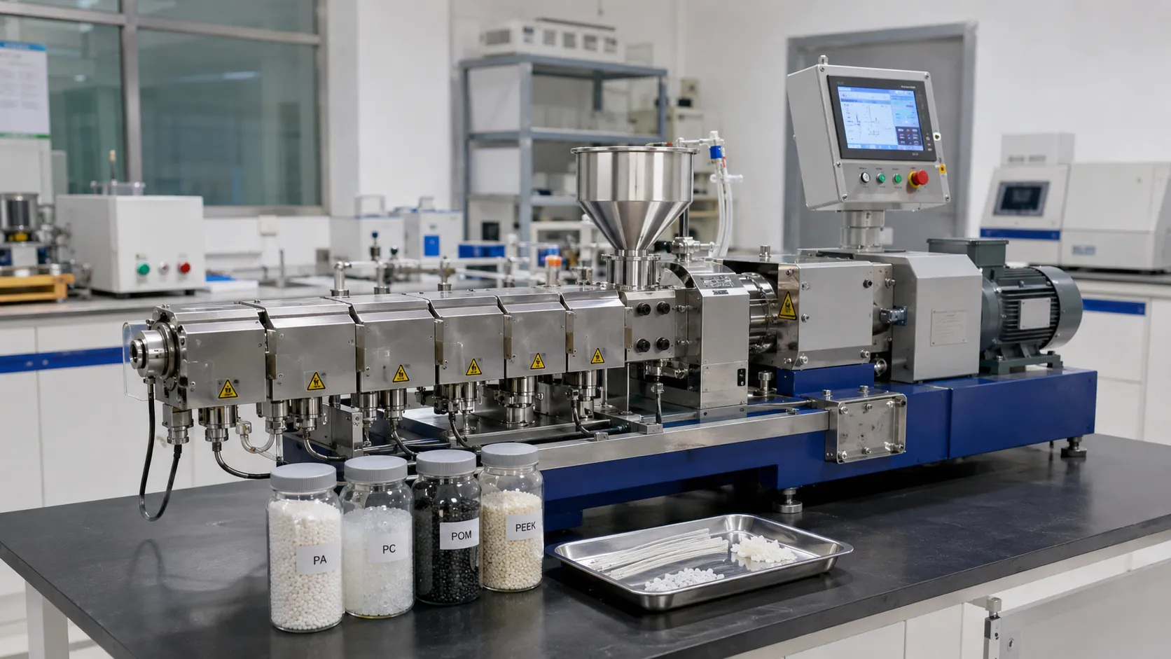 Laboratory extruder producing specialty resin samples with white translucent black and beige engineering plastic pellets in labeled jars and extruded strips for PA PC POM PEEK testing