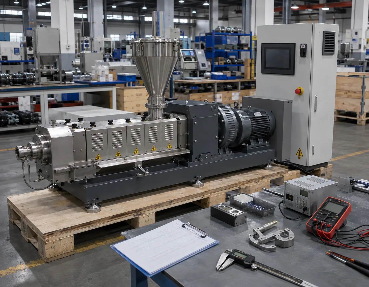 Laboratory extruder undergoing pre-shipment quality inspection and test run at UET Machine China factory