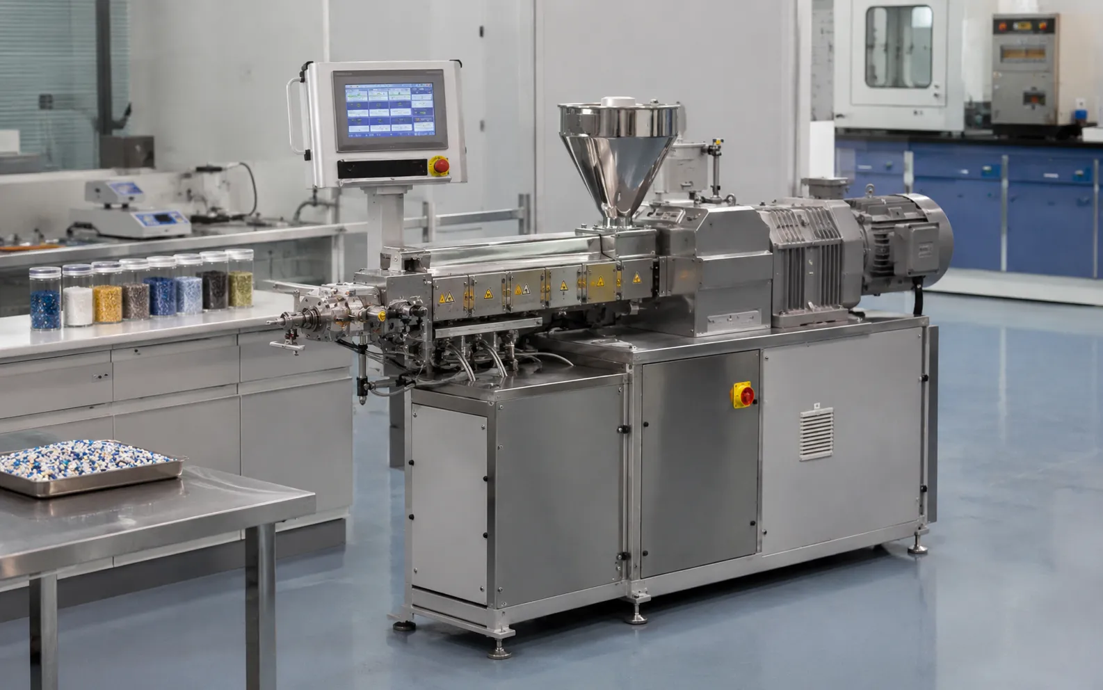 UET laboratory twin screw extruder with stainless steel construction silver barrel motor and touchscreen control panel with colorful polymer pellet samples in glass bottles for modified plastics masterbatch and biodegradable polymer compounding R&D