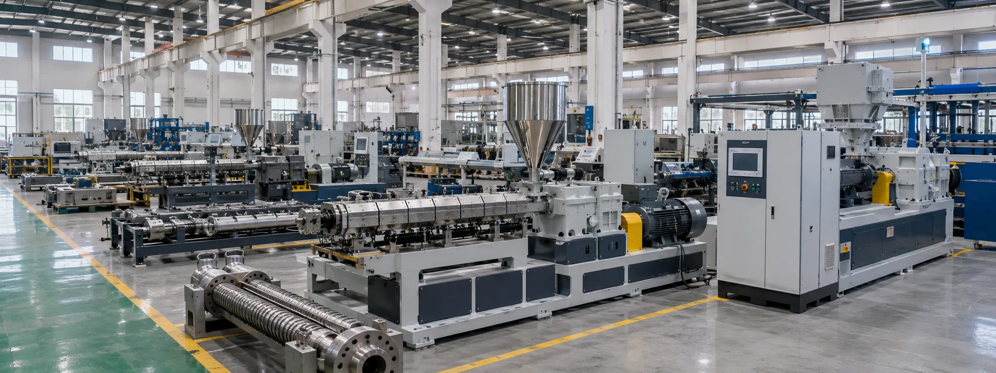 UET 11,400 sqm factory interior with multiple industrial laboratory extruders stainless steel hoppers white PLC control cabinets and screw components on gray epoxy floor with yellow safety lines at UET Machine Nanjing China