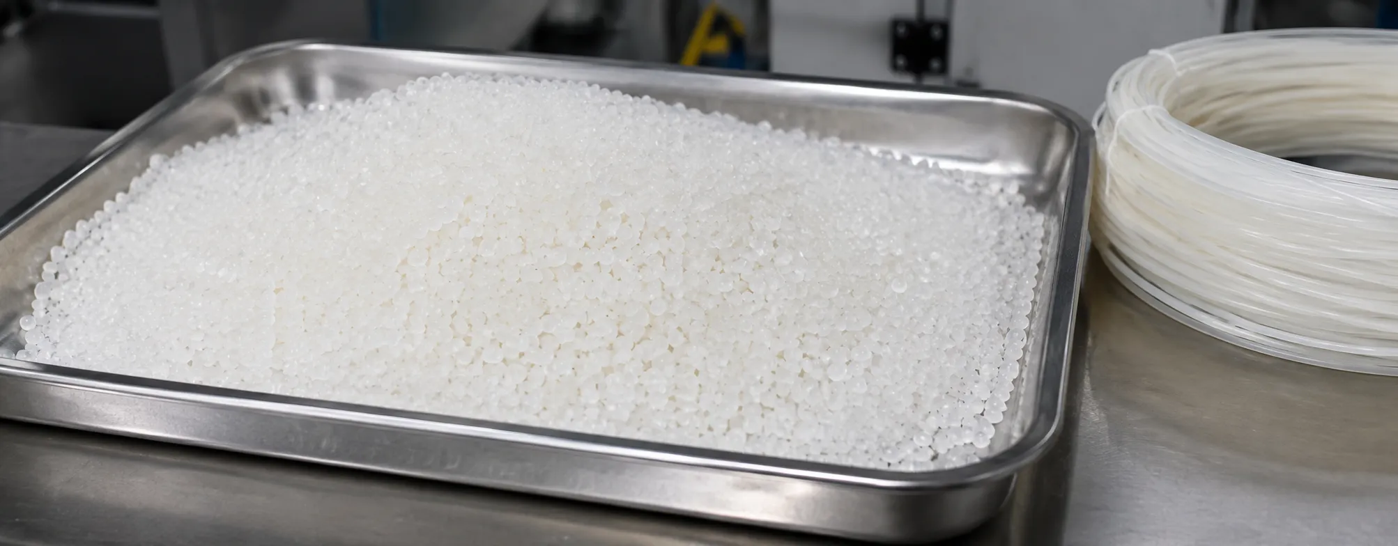 White PLA polylactic acid pellets and 3D printing filament samples in stainless steel tray at UET Machine, China