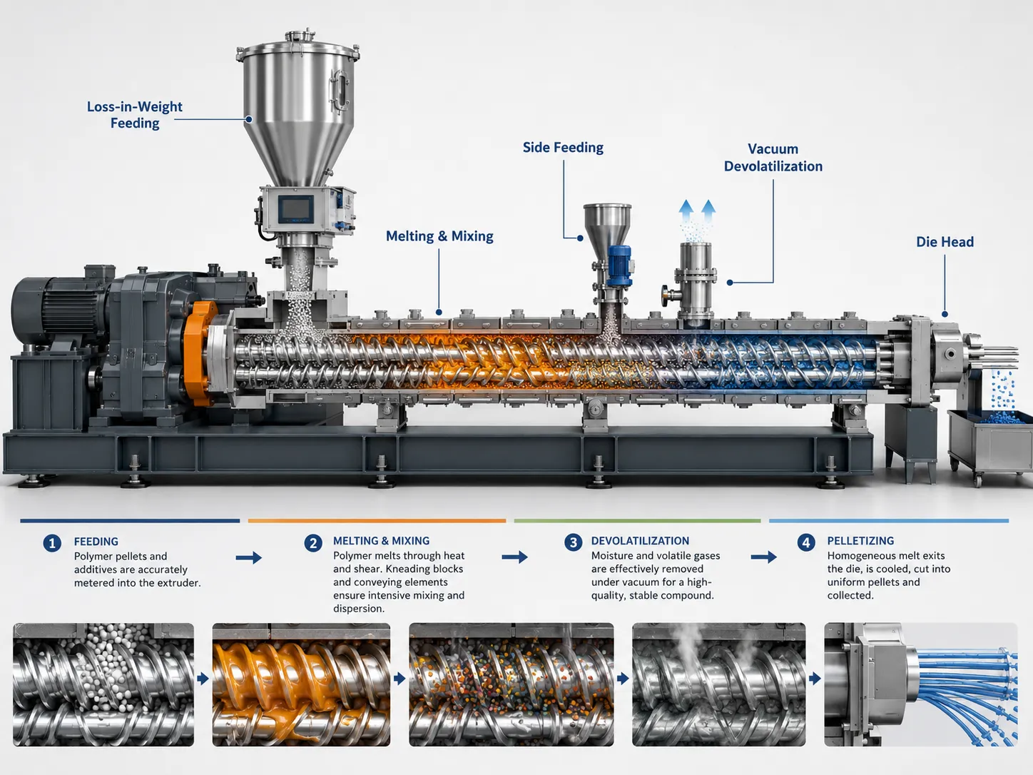 plastic compounding machine working principle twin screw extruder feeding melting mixing devolatilization pelletizing at UET Machine China