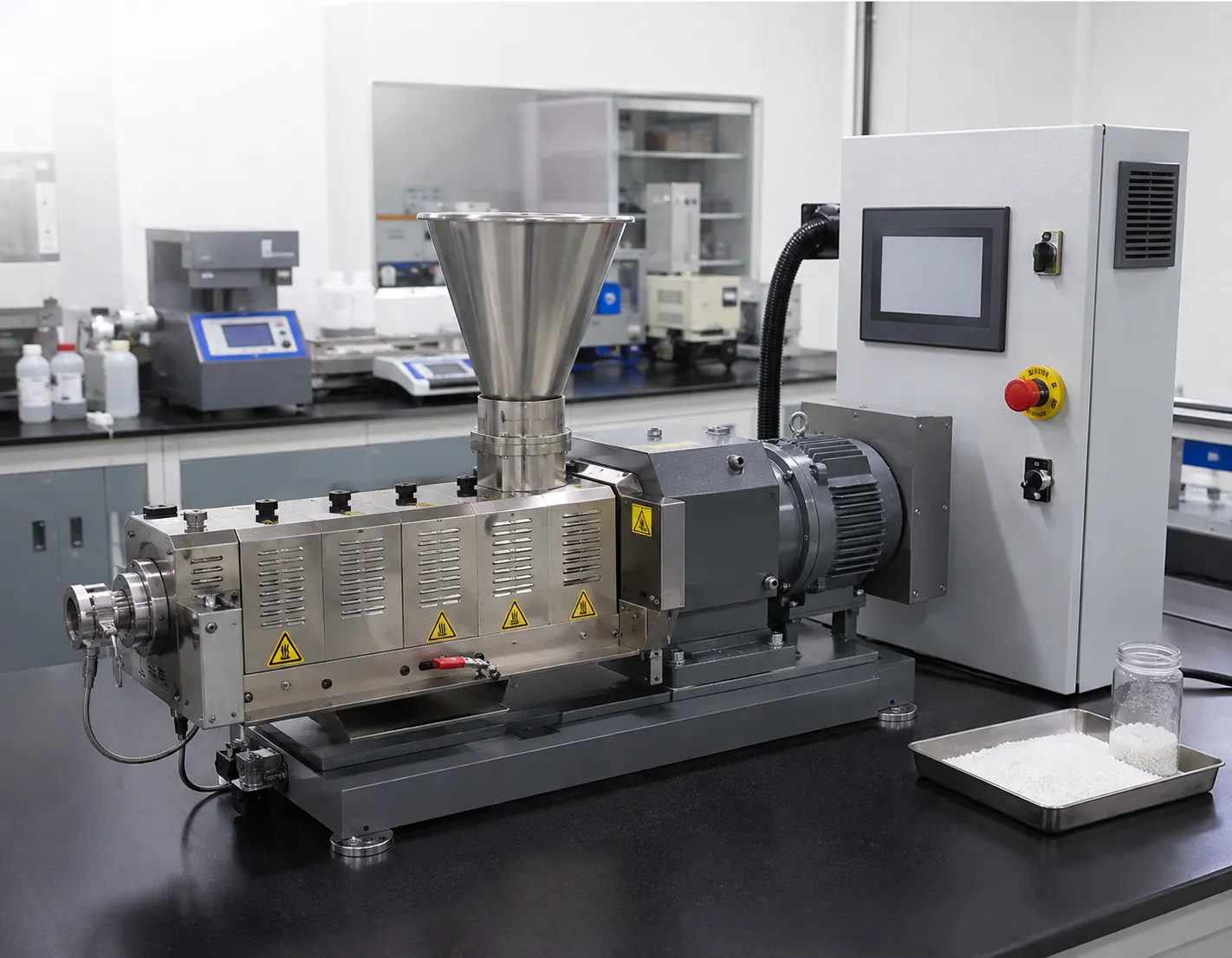 Precision laboratory extruder on lab benchtop with polymer pellet samples for research testing at UET Machine China