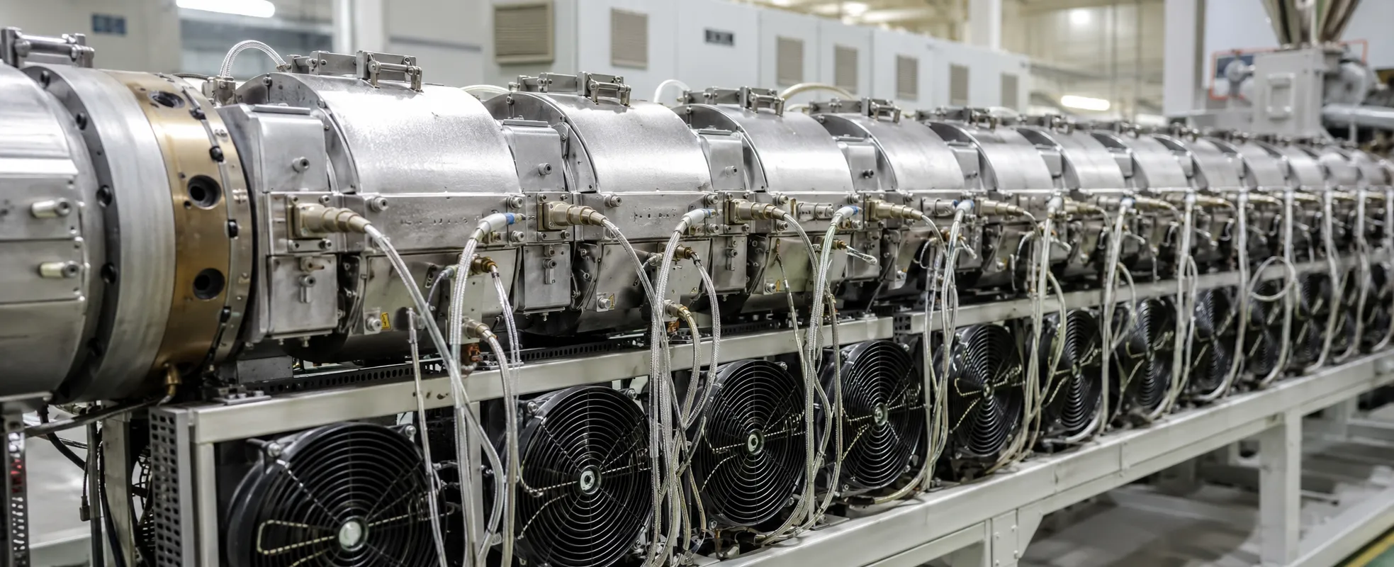 Ceramic heaters and air cooling zones with PID control wrapped around the barrel of a UET PVC extruder