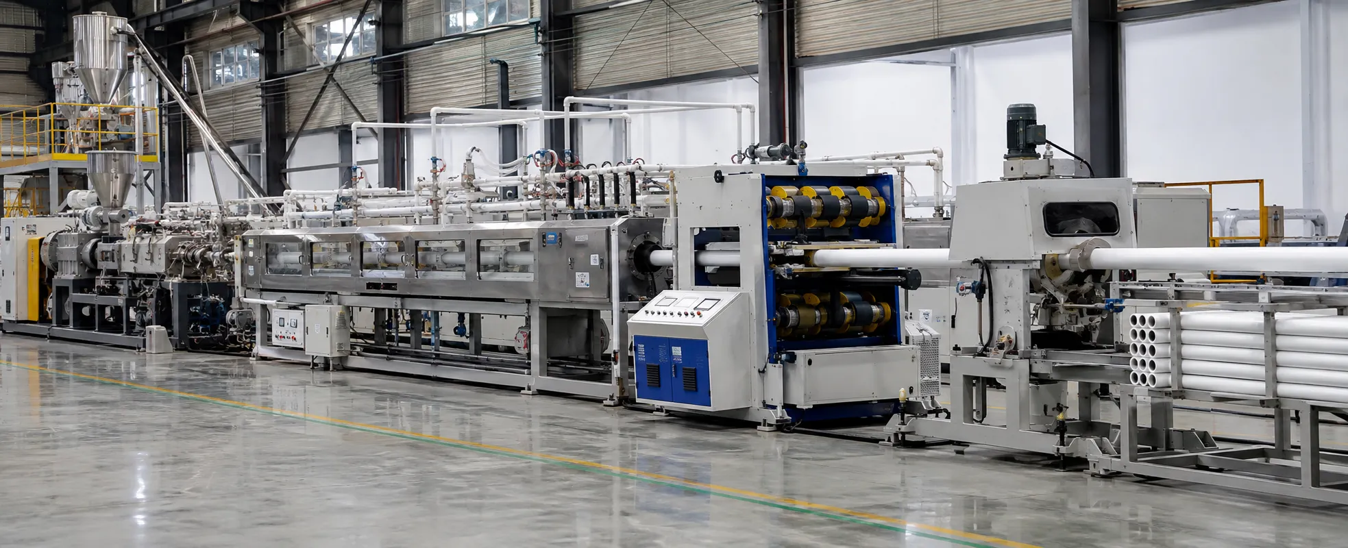 Complete downstream line with vacuum tank, haul-off, cutter and stacker connected to a UET PVC extruder for pipe production