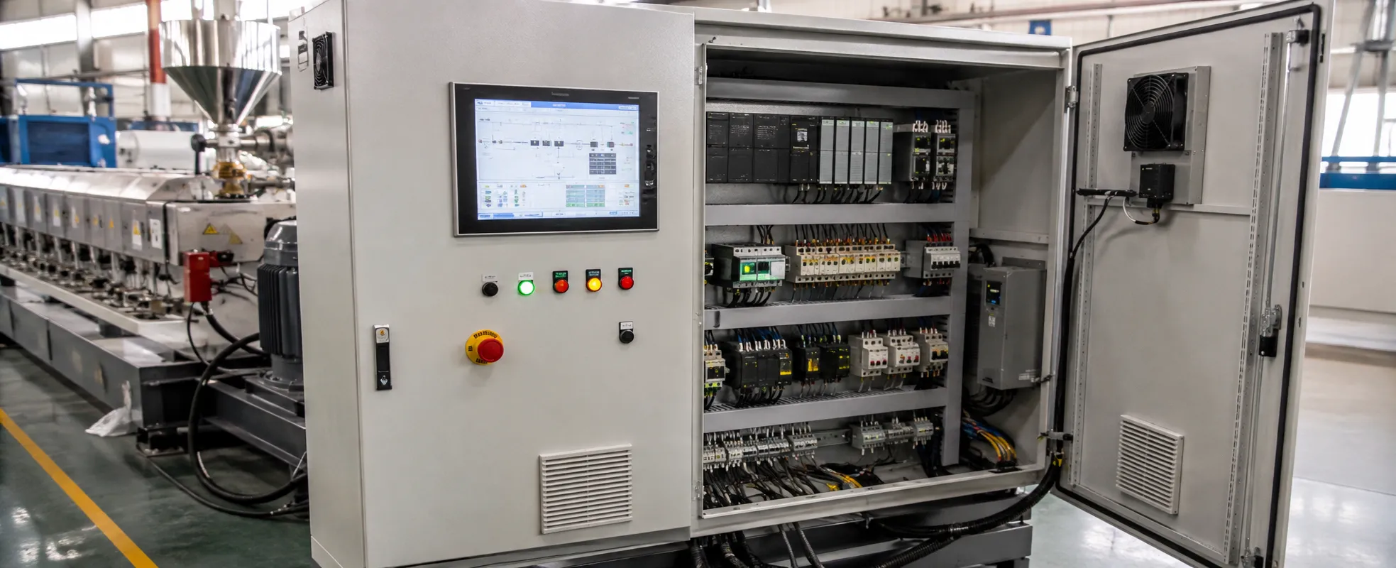 PLC control cabinet with touchscreen HMI and 120+ saved recipes standing next to a UET PVC extruder