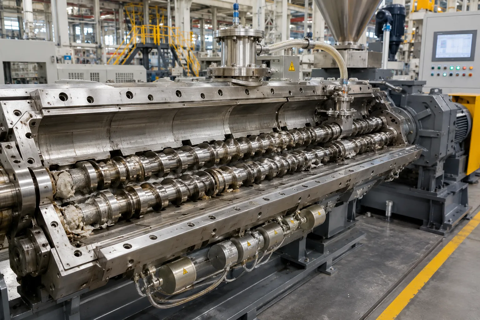 opened barrel of reactive extruder showing co-rotating twin screws and modular elements in uet factory china