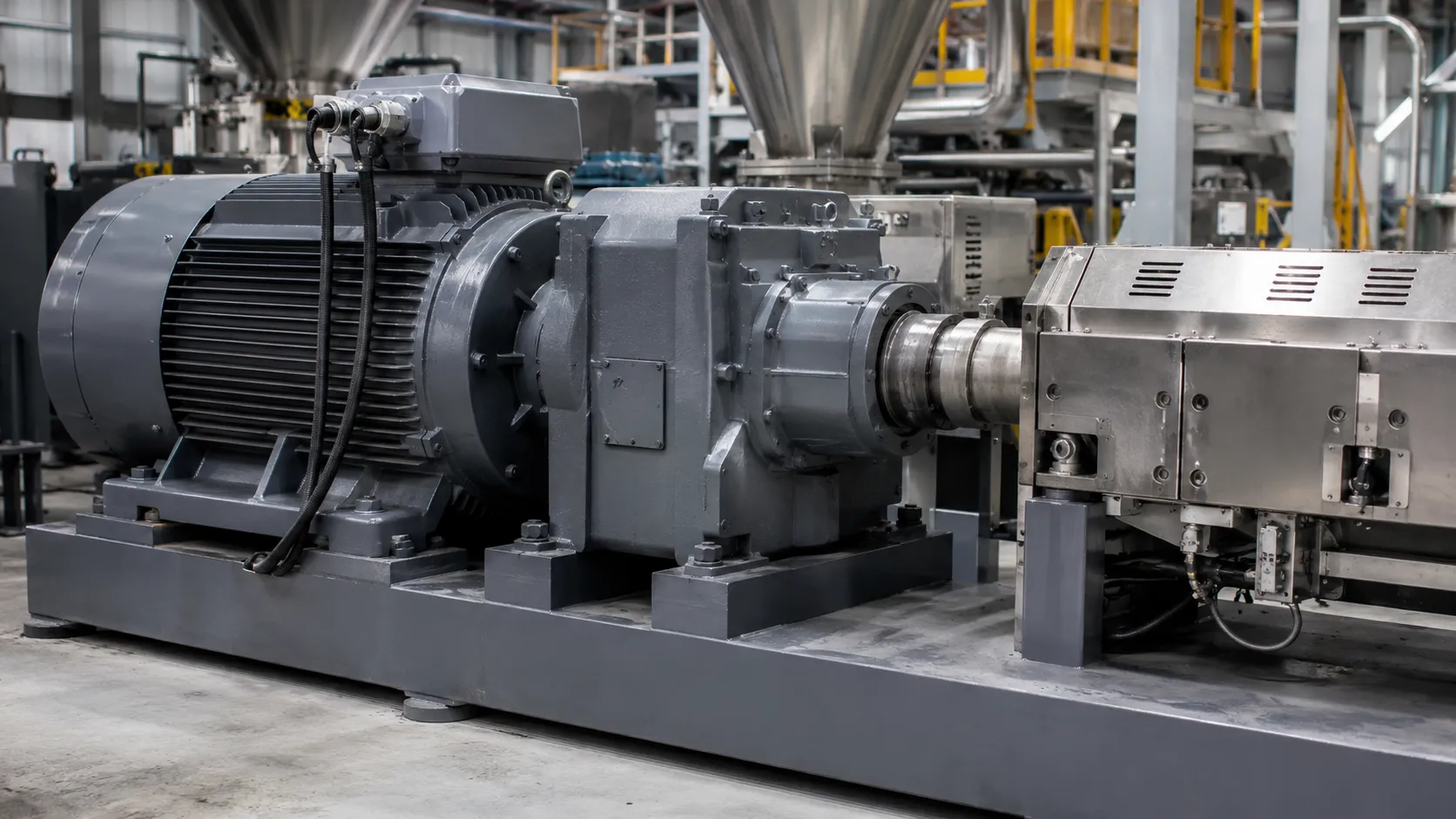 Industrial AC motor coupled to hardened gearbox driving twin screws of recycled plastic extruder at UET