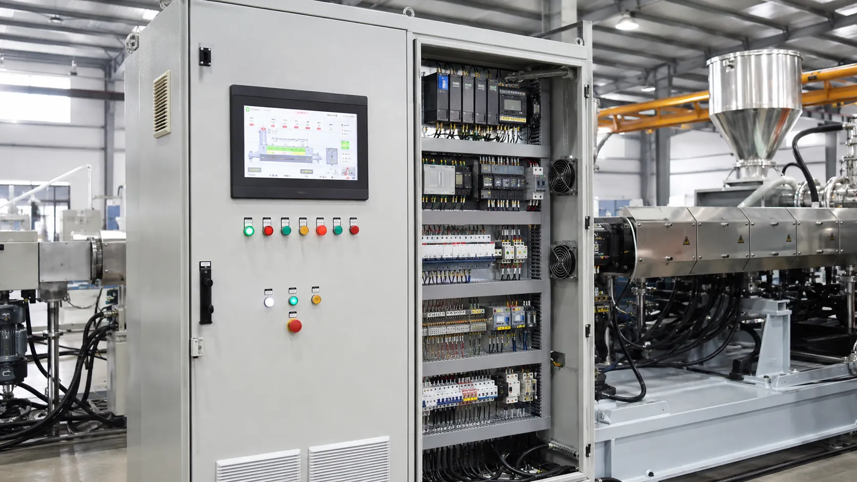 PLC control cabinet with 10 inch touchscreen HMI monitoring recycled plastic extruder parameters at UET
