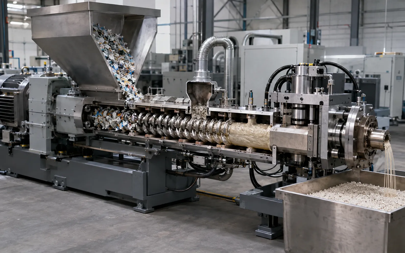 Twin screw recycled plastic extruder processing plastic flakes into strands at UET Machine China