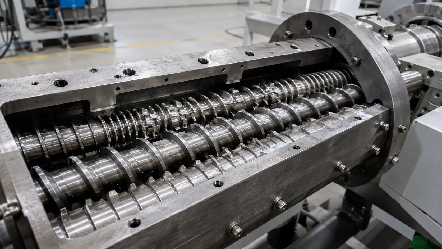 Wear resistant alloy twin screws installed in bimetallic barrel for contaminated regrind processing at UET