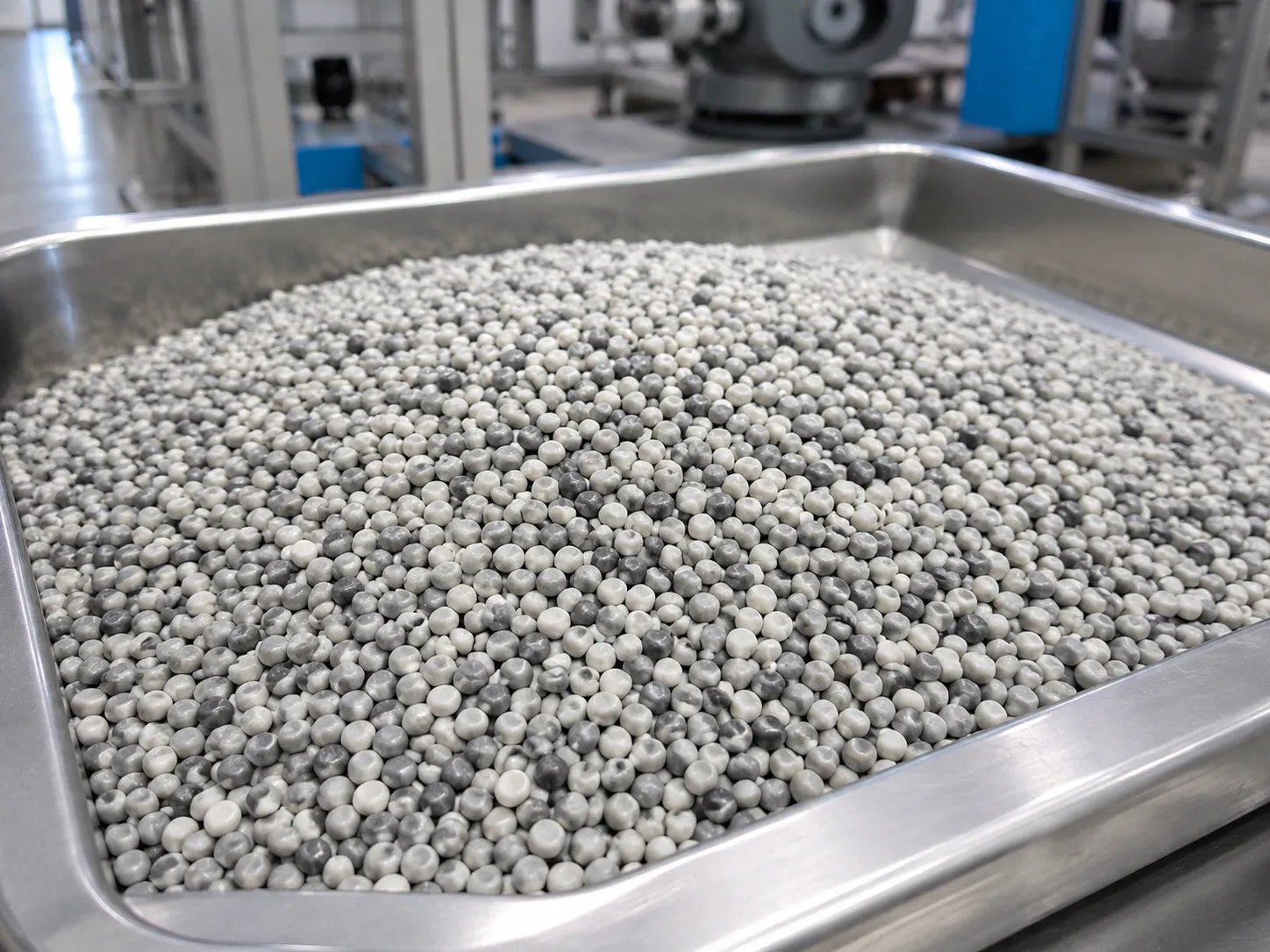 Recycled plastic pellets with speckled gray-white appearance, processed by underwater pelletizing system from post-consumer or post-industrial waste for sustainable manufacturing.