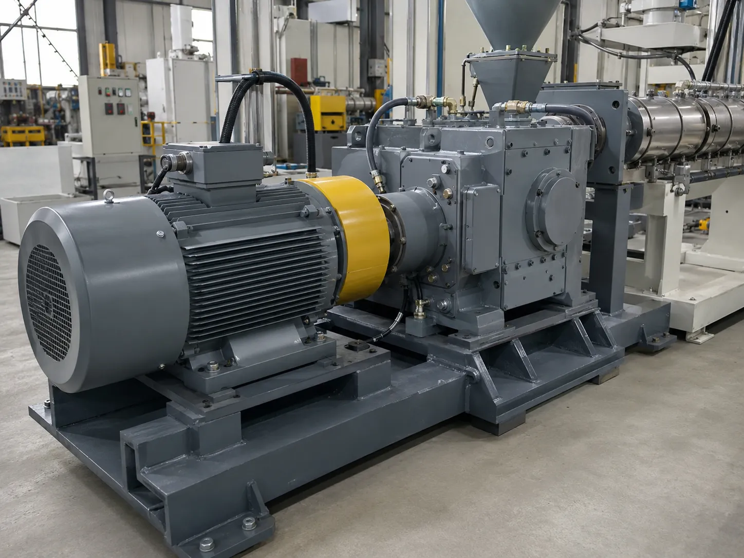High torque AC motor coupled to precision gearbox driving rubber extruder screws at UET Machine China