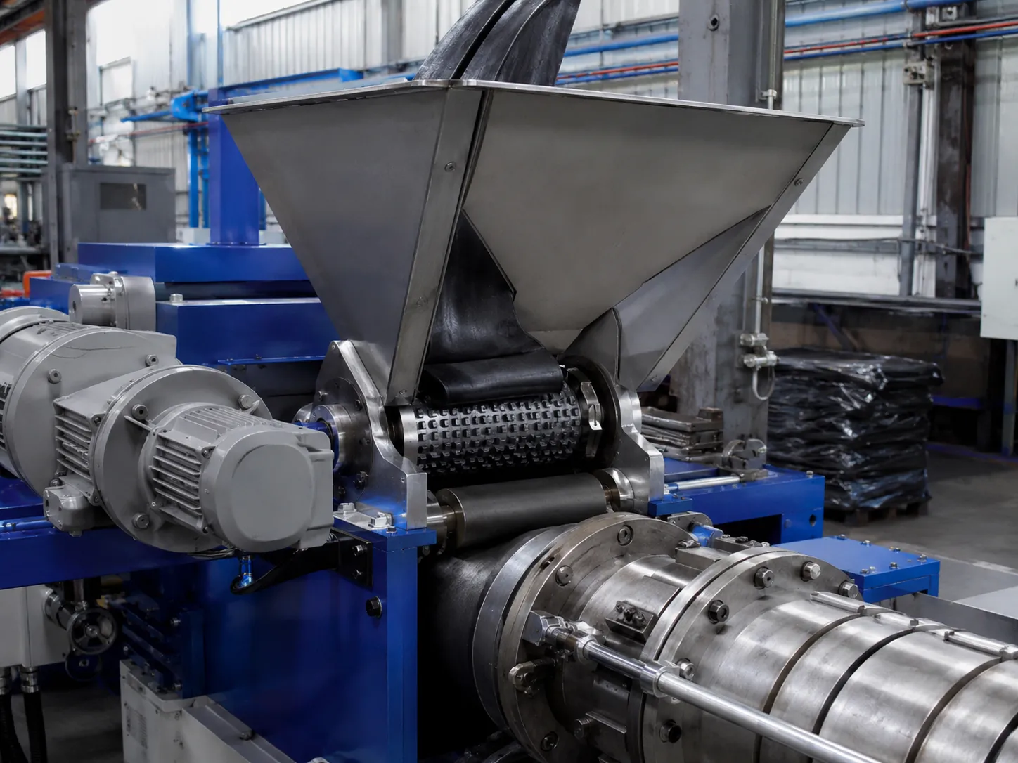 Stainless steel feed hopper with anti-bridging roller for rubber compound delivery at UET Machine China