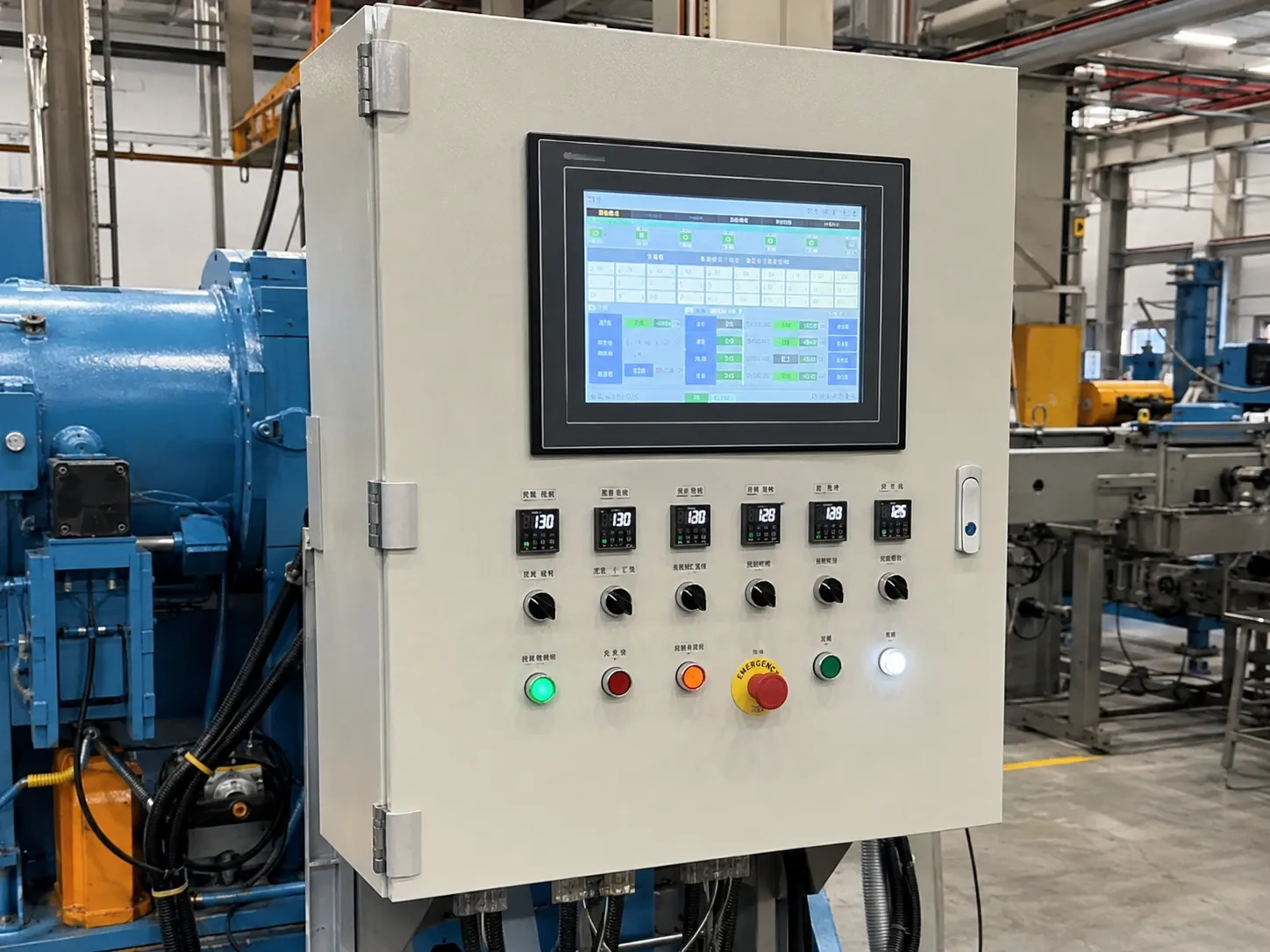 PLC control cabinet with touchscreen HMI and recipe storage for rubber extruder at UET Machine China