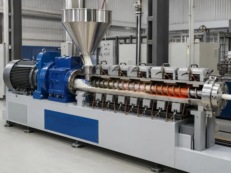 single screw extruder cutaway diagram showing hopper screw barrel and heater bands at uet machine china