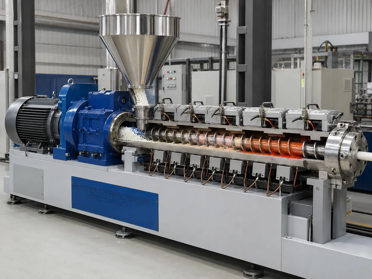 Single screw extruder cutaway diagram showing hopper, rotating screw, three-zone barrel and heater bands