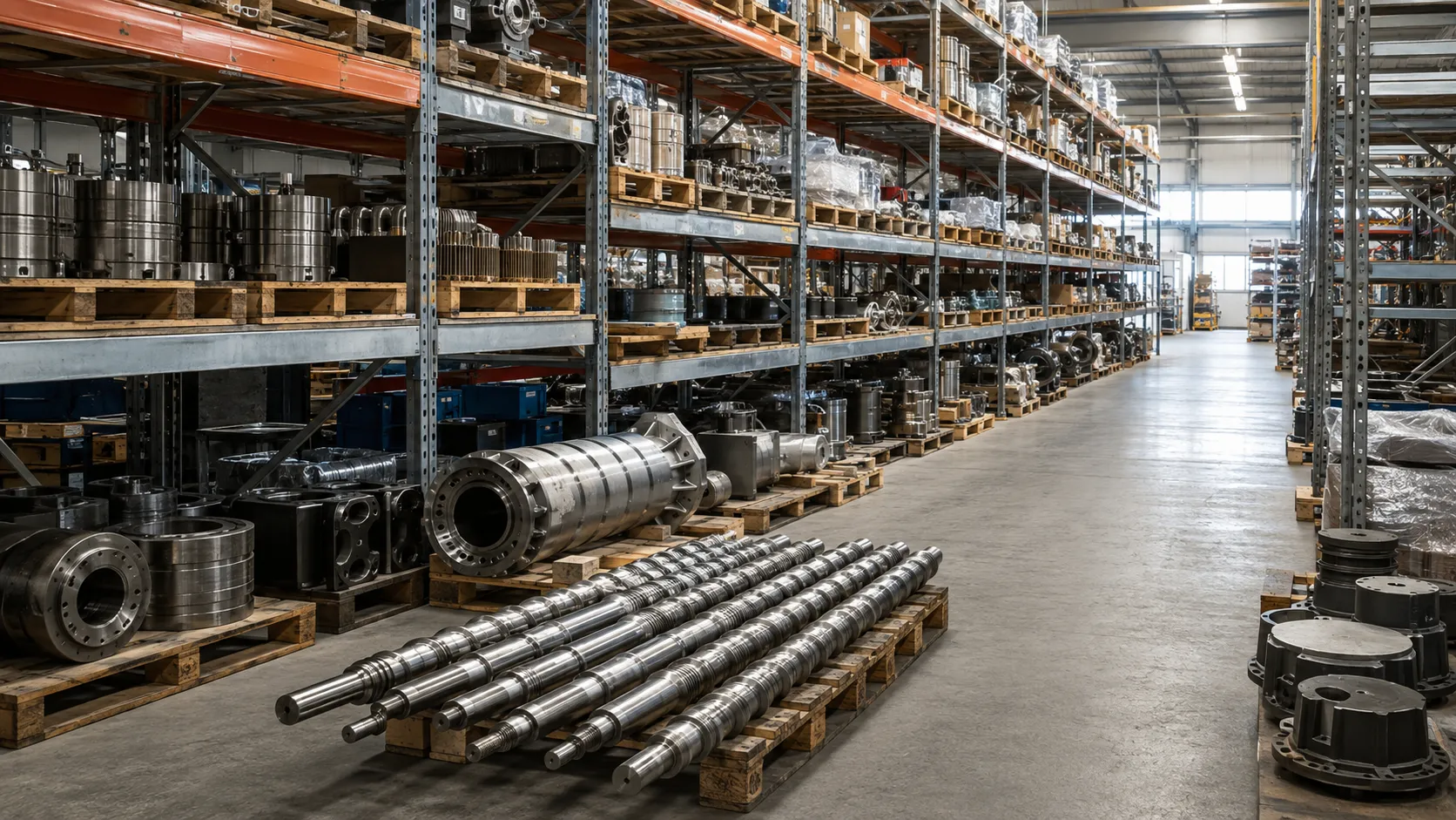 Spare parts warehouse with extruder screws, barrels and bearings at UET Machine, China