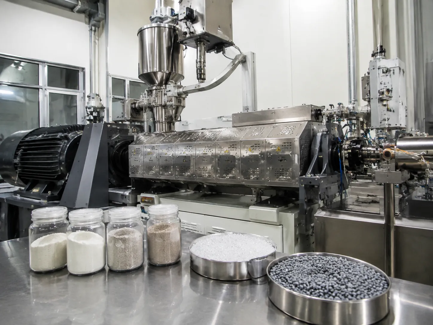 Triple screw extruder producing additive masterbatch with powder and pellet samples including antioxidants and UV stabilizers three-stage compounding for accurate long-lasting dosage stability at UET Machine factory China CE ISO 9001