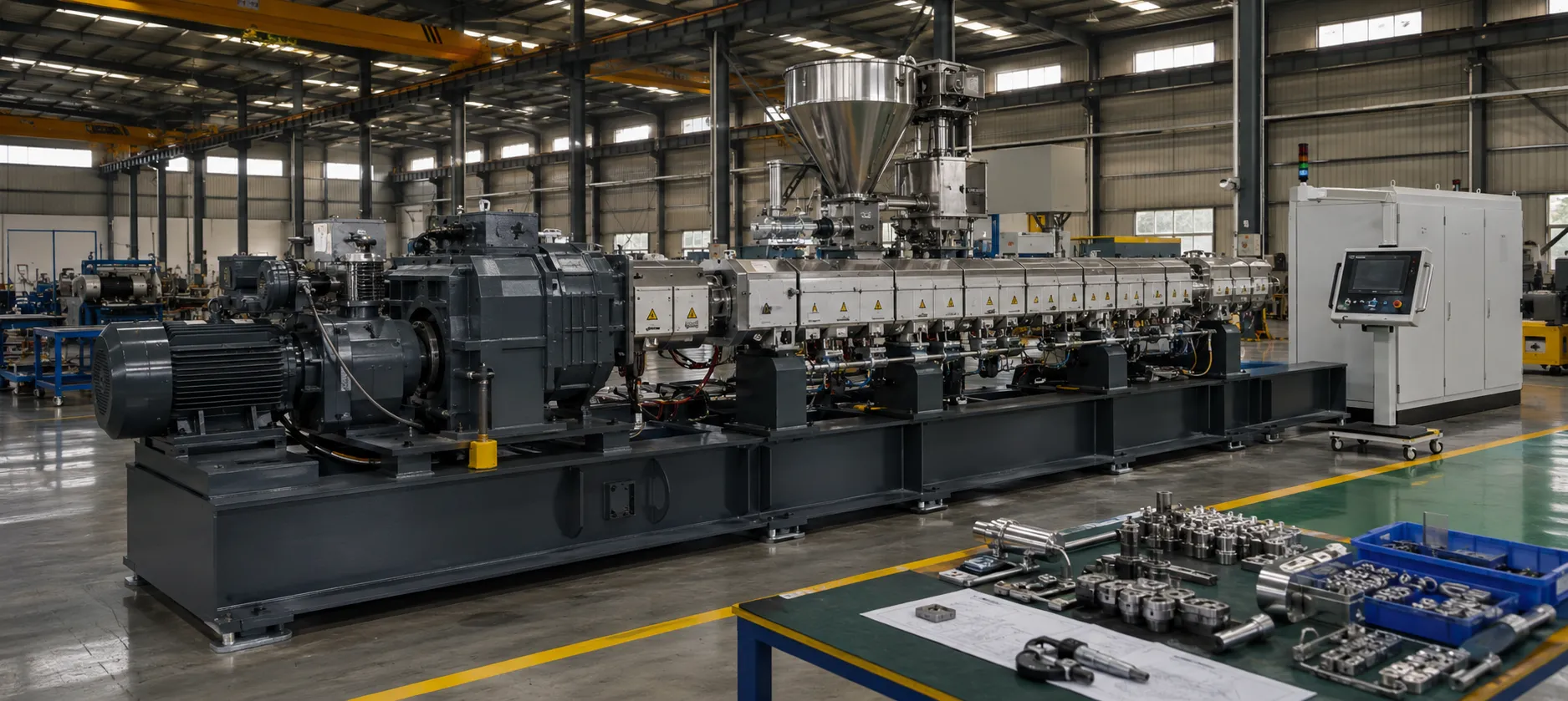 Triple screw extruder assembly line with stainless steel hopper silver barrel sections blue gearbox motor PLC control cabinet at UET Machine factory China