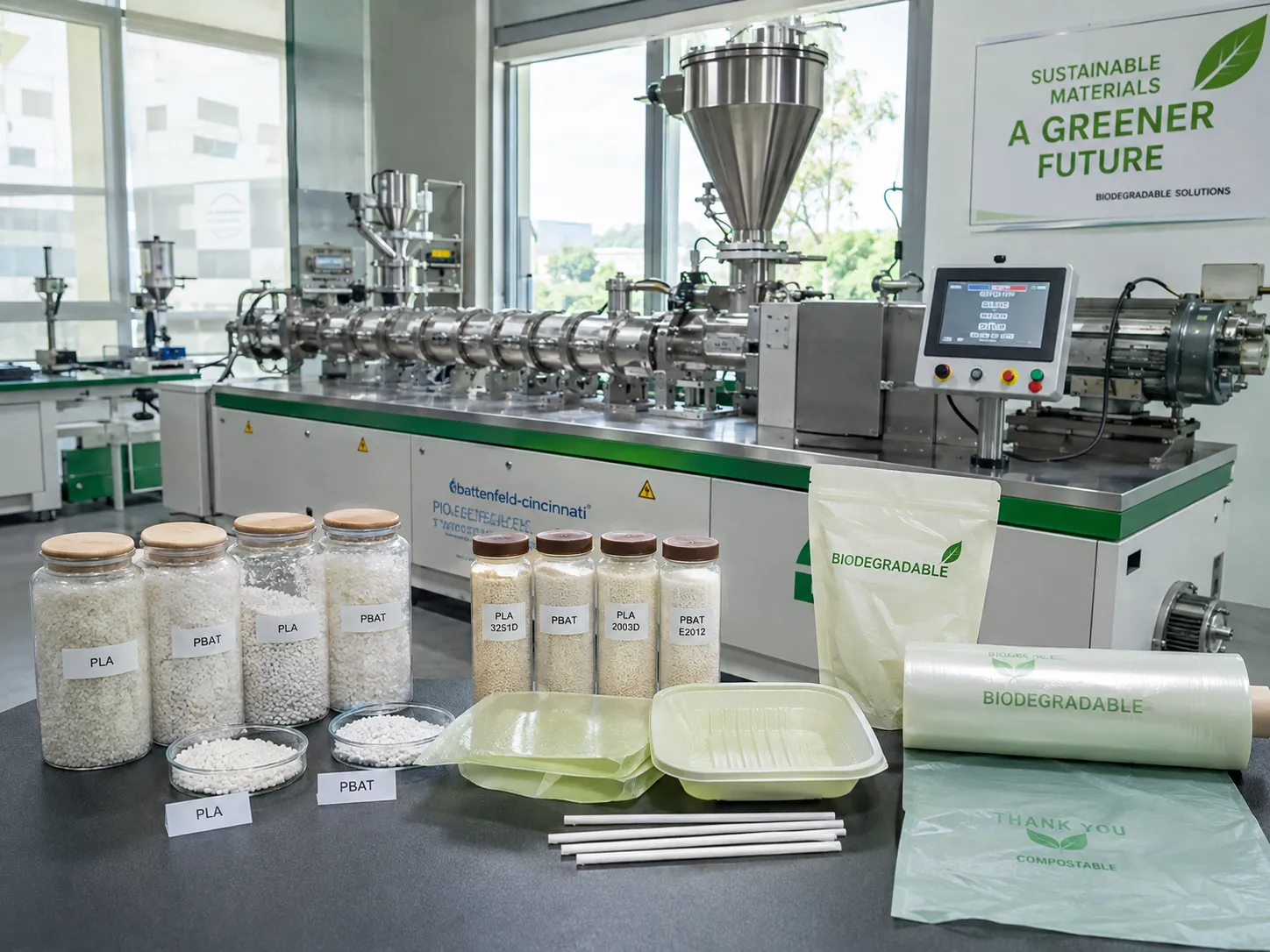Triple screw extruder producing biodegradable plastics PLA PBAT with food containers straws and biodegradable films gentle plasticization preserving resin activity for stable degradation performance at UET Machine factory China CE RoHS