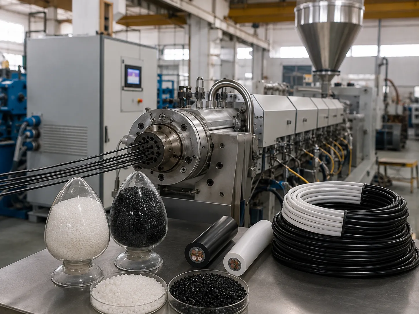 Triple screw extruder producing cable compounds with black and white insulated cable cross-section samples and coiled tubing dead-zone-free full-area compounding for high-end new energy and communication cable standards at UET Machine factory China CE ISO 9001