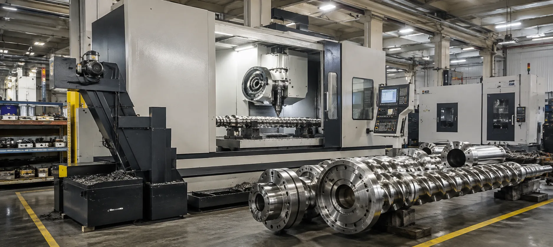 CNC machining center processing triple screw extruder barrel and screw with 5-axis precision 0.02mm tolerance at UET Machine factory China