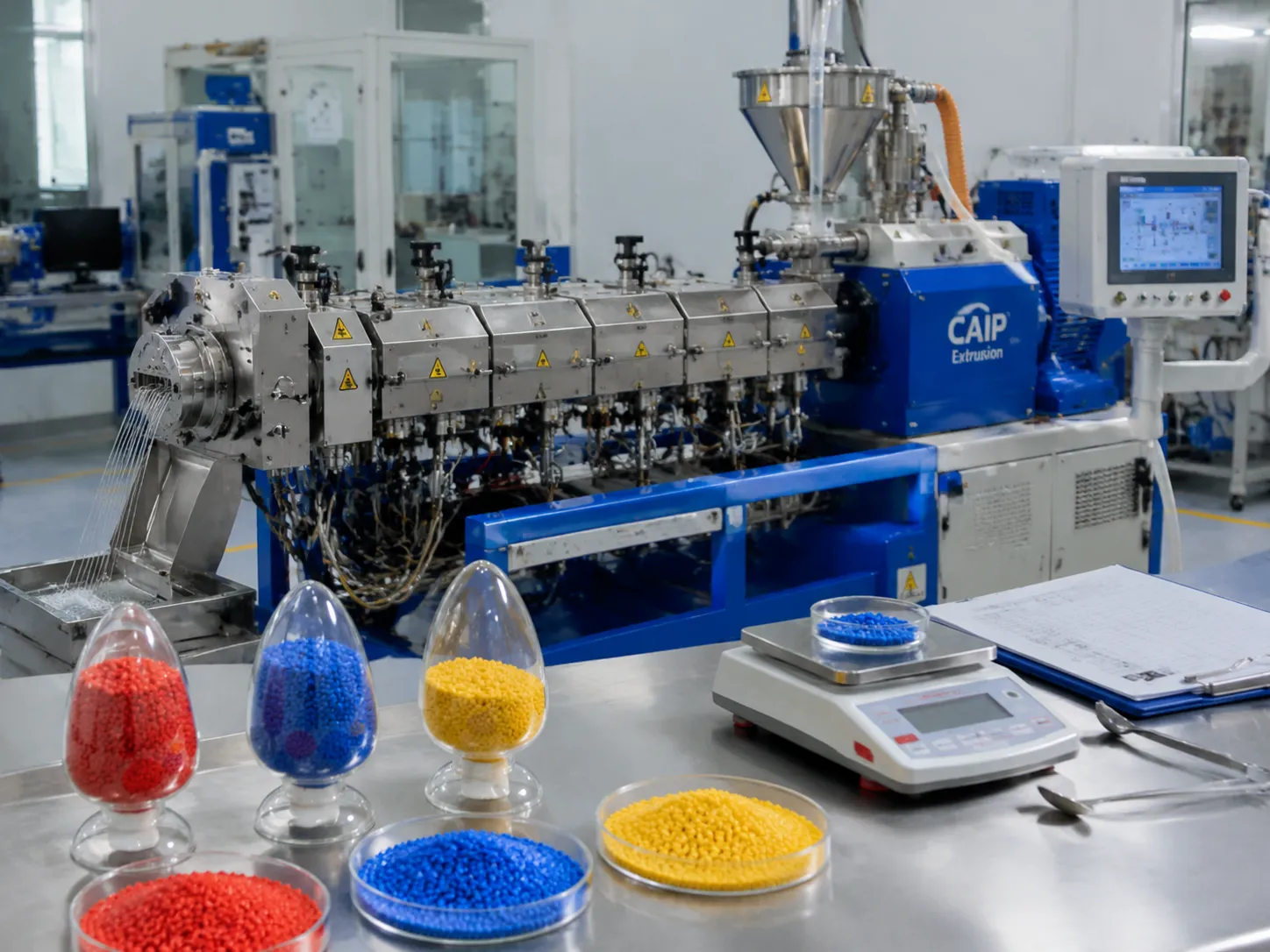 Triple screw extruder producing color masterbatch with red blue and yellow cylindrical pellets uniform pigment coating for zero color variation in mass production at UET Machine factory China CE ISO 9001