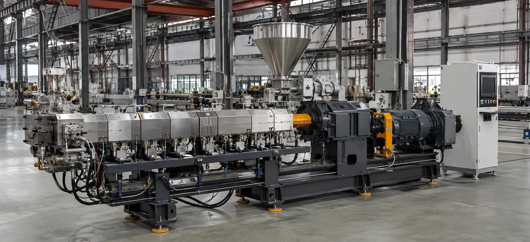 Composite series triple screw extruder with modular screw and barrel design stainless steel hopper deep gray motor yellow safety components white touchscreen control panel on black steel base with orange shock absorbers for composite materials rubber plastic blends and co-extruded films with frequent recipe changes at UET Machine factory China CE ISO 9001