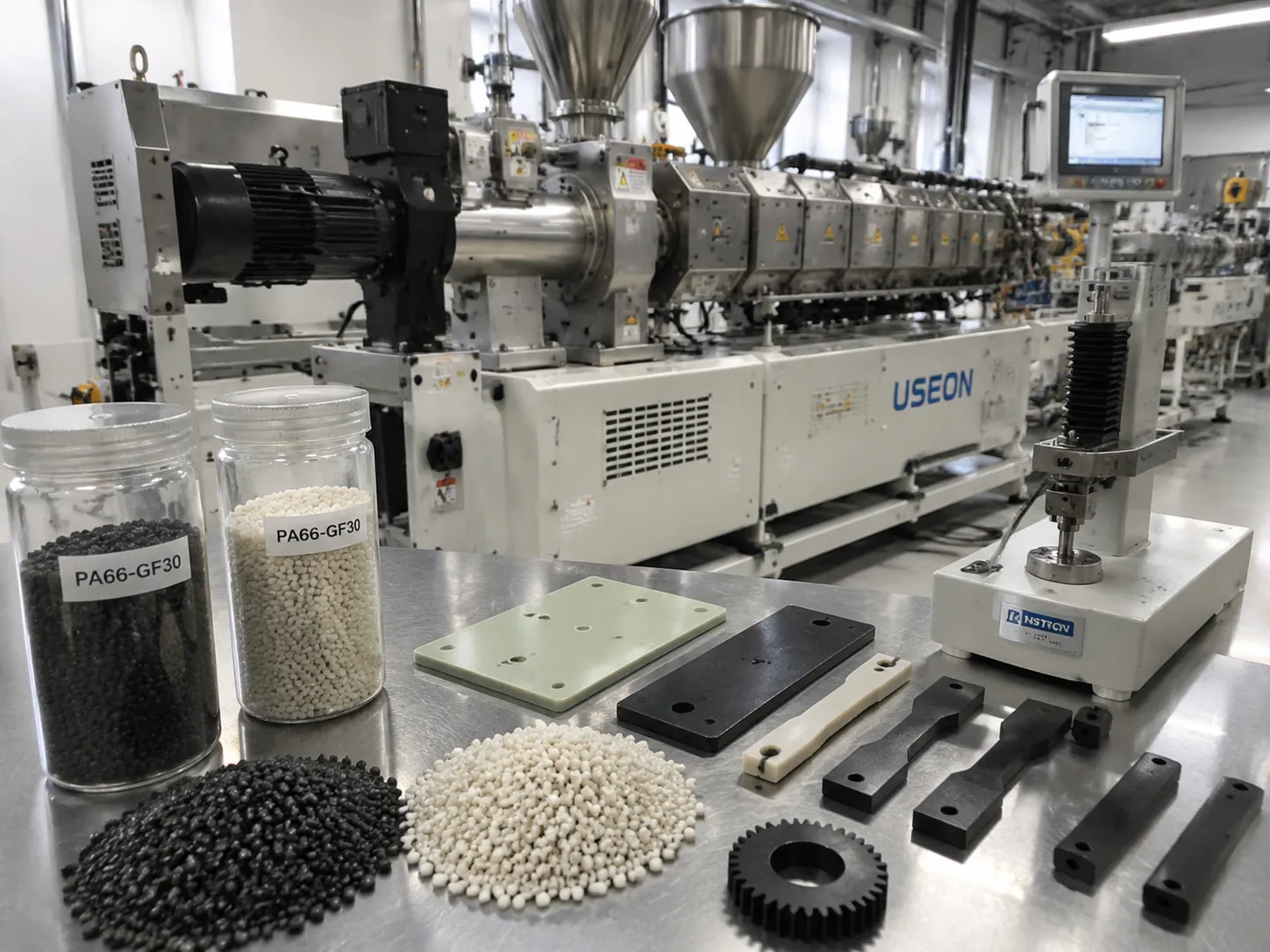 Triple screw extruder producing engineering plastics PA66-GF30 glass fiber reinforced pellets and injection molded parts including rectangular boards connectors and gear components enhanced strength for precision electronic components at UET Machine factory China CE ISO 9001