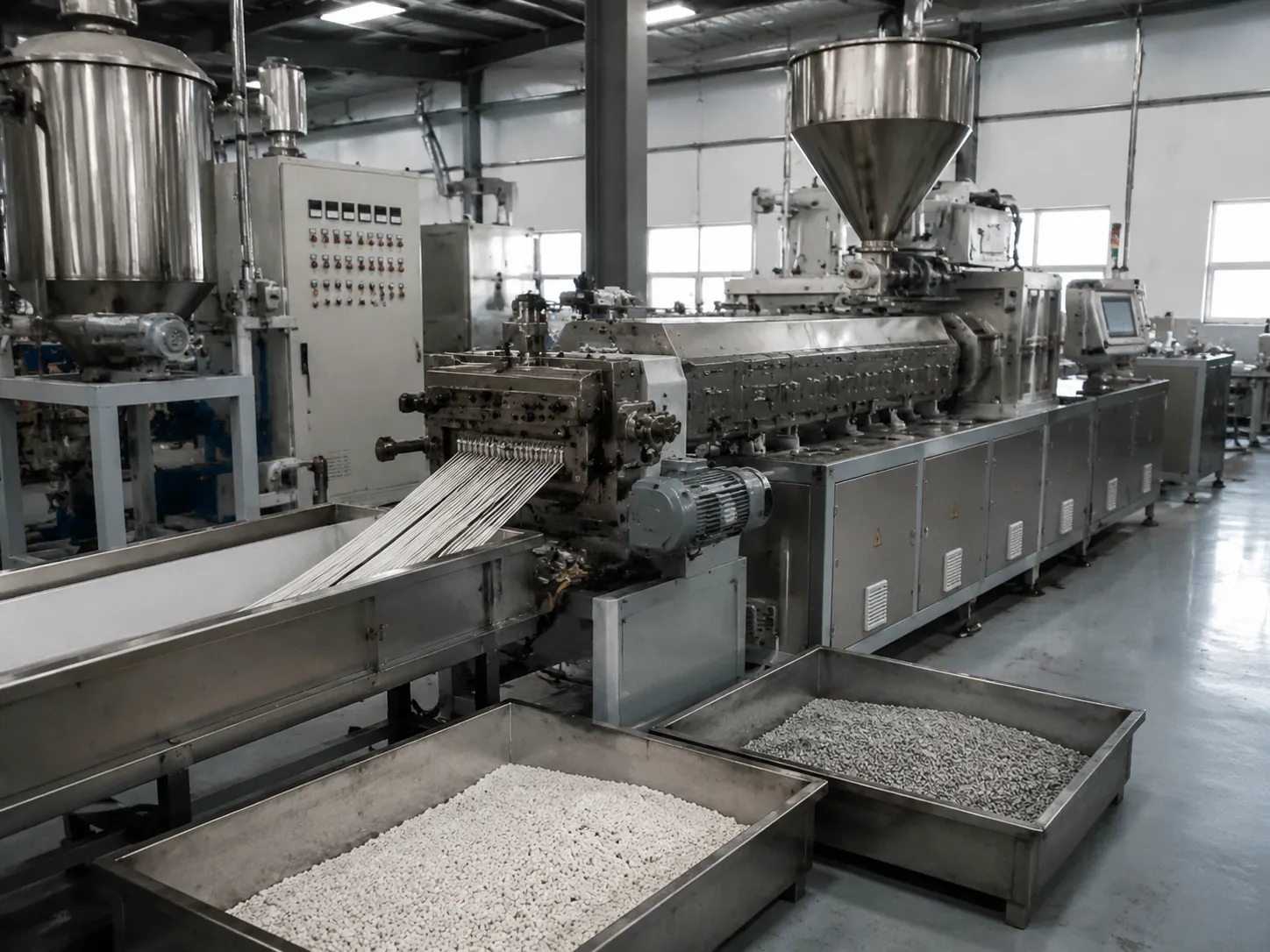 Triple screw extruder producing filler masterbatch pellets with 60-80% calcium carbonate filler load high rigidity without losing flowability at UET Machine factory China CE ISO 9001