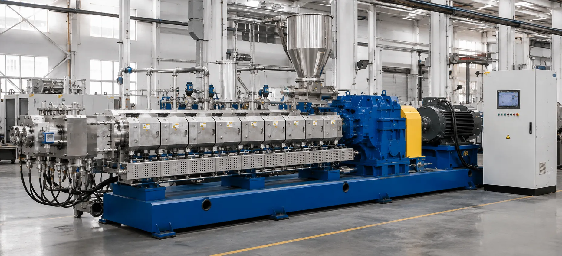 High torque triple screw extruder for large-scale continuous production with stainless steel conical hopper silver modular barrel sections blue gearbox motor yellow safety guard white PLC control cabinet for glass fiber filled materials masterbatch and biodegradable plastics compounding at UET Machine factory China CE ISO 9001