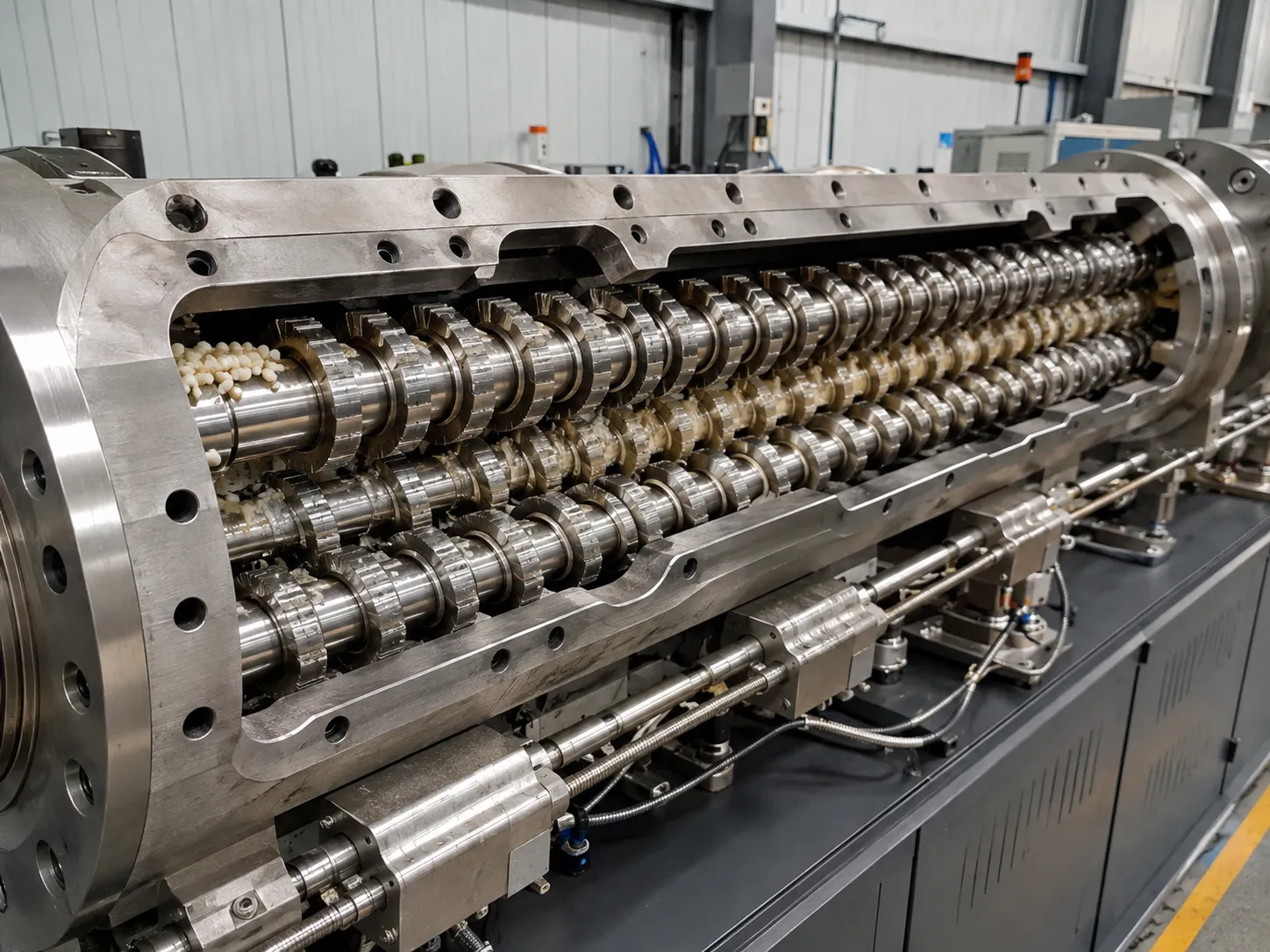 triple screw extruder with three intermeshing screws and modular barrel at uet machine china
