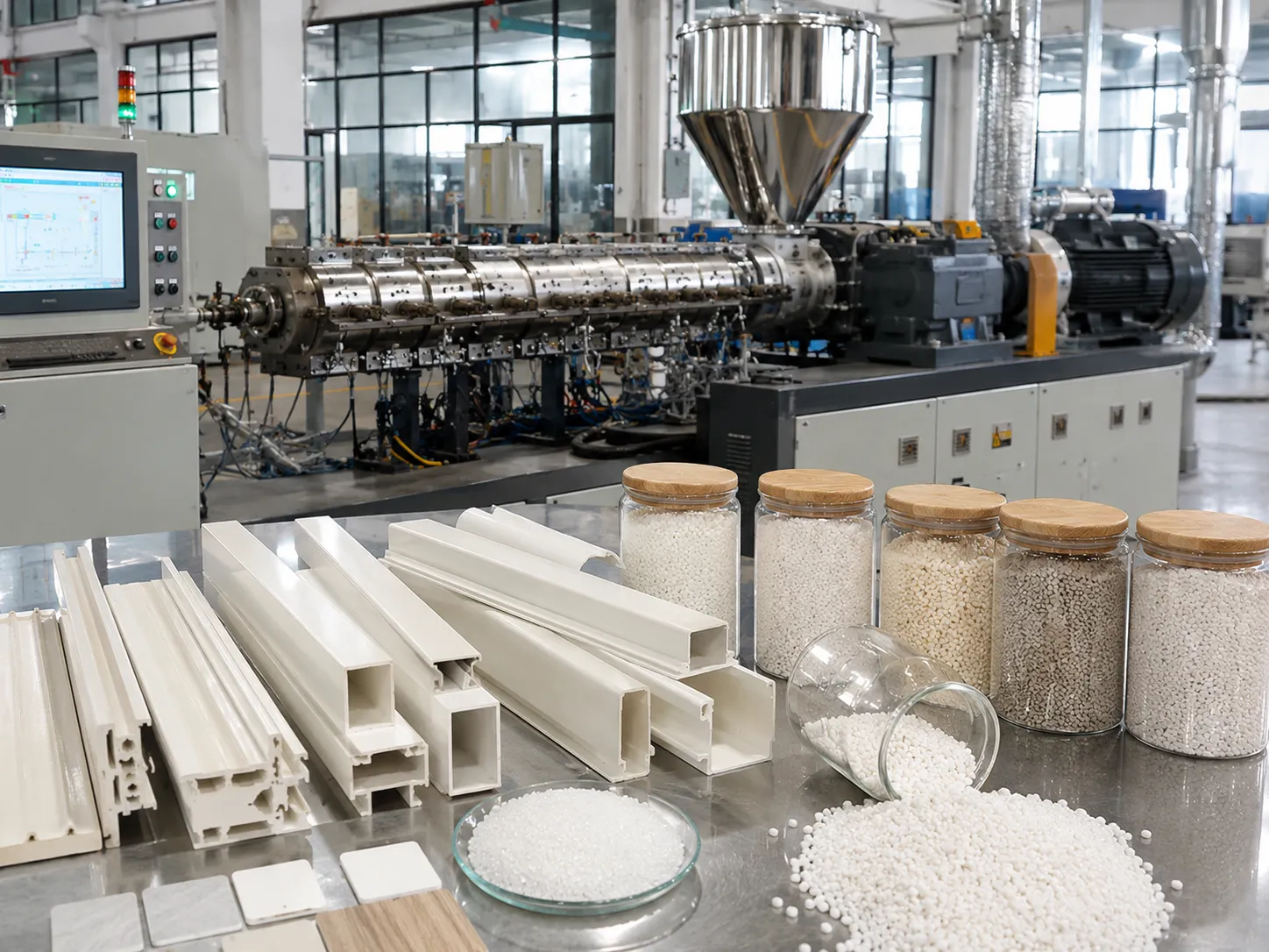 Triple screw extruder producing PVC compounds with hollow rectangular profile sections and multi-color pellet samples low-shear high-torque configuration plasticizing PVC uniformly without thermal decomposition for pipes profiles and fittings at UET Machine factory China CE ISO 9001
