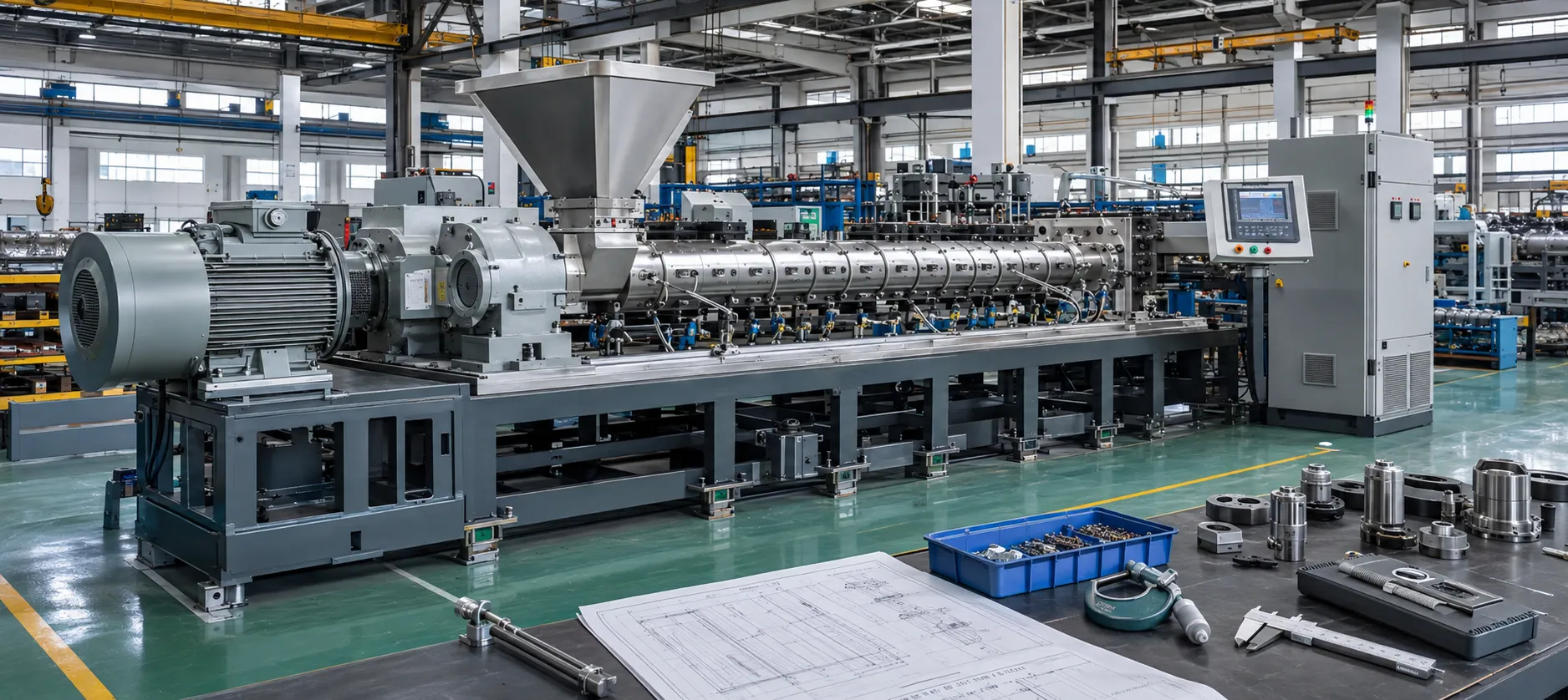 Triple screw extruder test lab with material trial run gray motor gearbox barrel sections at UET Machine factory China