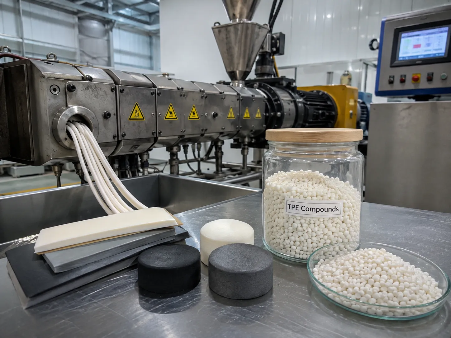 Triple screw extruder producing thermoplastic elastomer TPE compound with white spherical pellets black gray and white cylindrical samples gradient shear blending for wider controllable hardness range and superior aging resistance at UET Machine factory China CE ISO 9001
