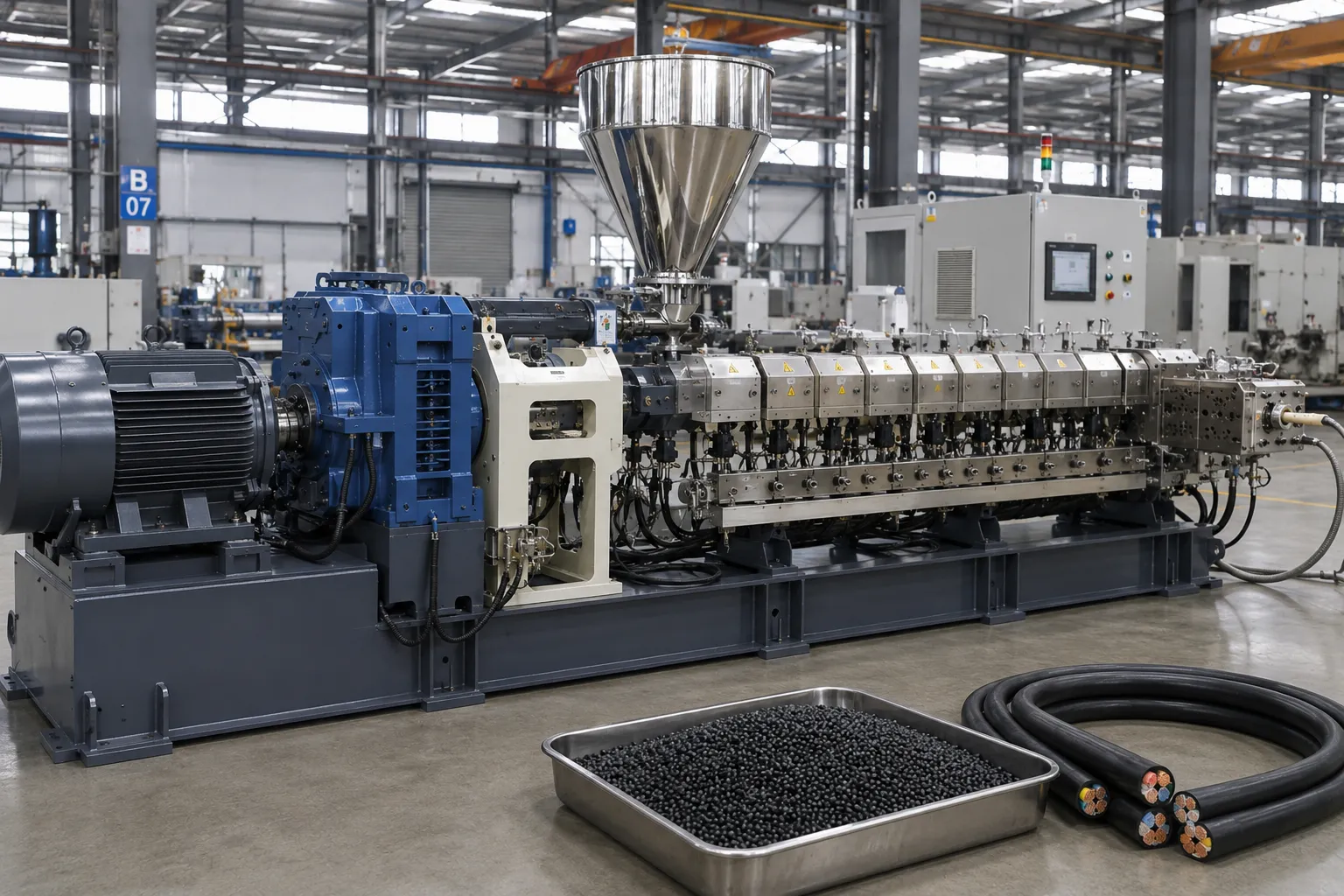 Twin screw extruder configured for cable compounding producing XLPE and LSZH insulation compounds at UET Machine China