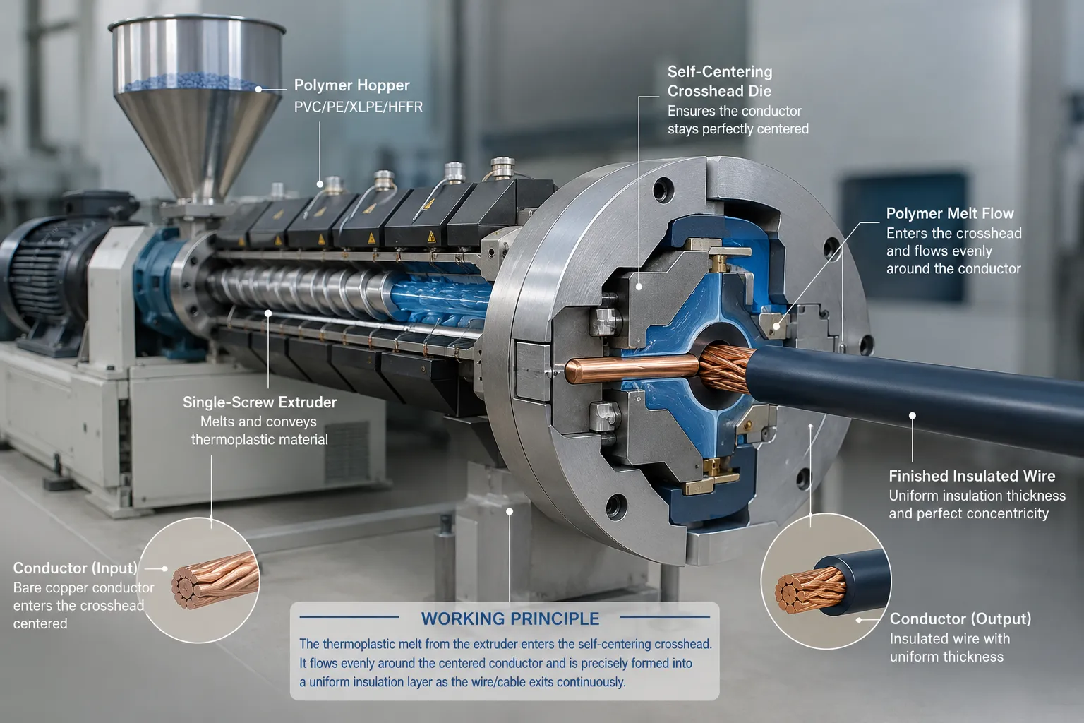 crosshead die coating copper conductor with molten polymer in wire cable extruder at uet machine china