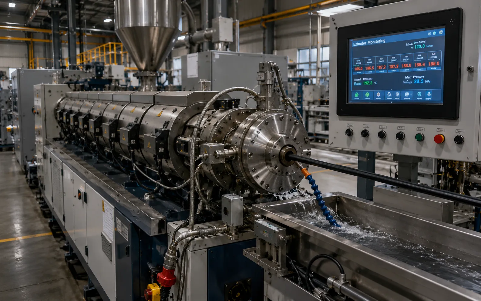 operator performing daily shift checks on wire cable extruder control panel at uet machine china