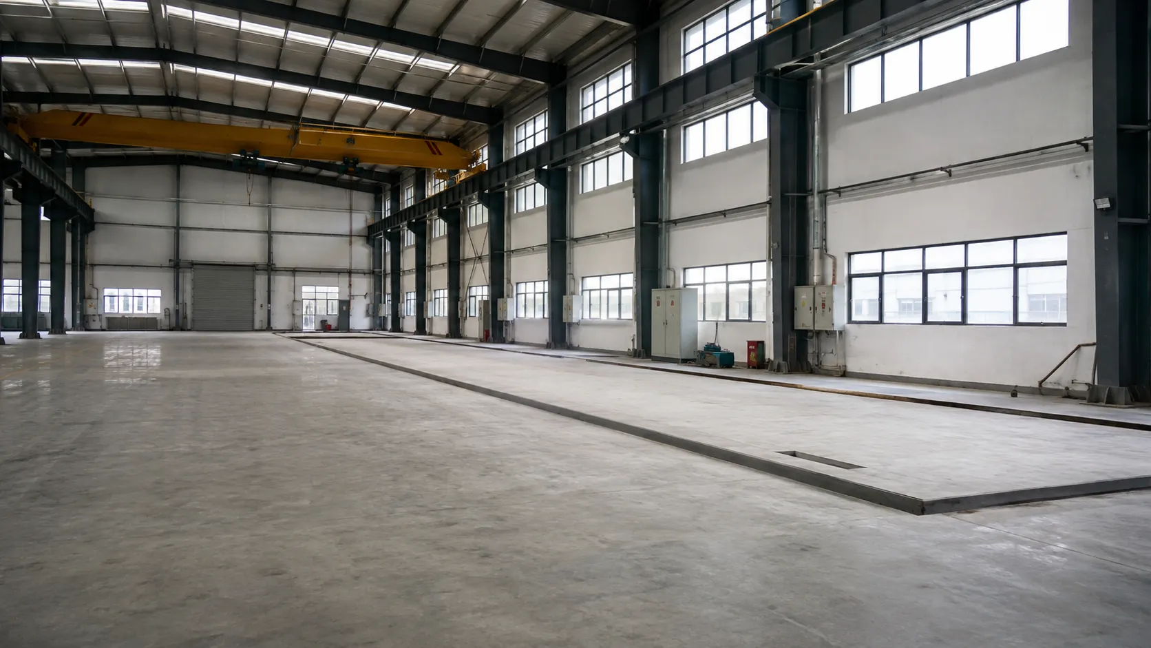 empty factory floor with yellow bridge crane ready for wire cable extruder line layout at uet machine china