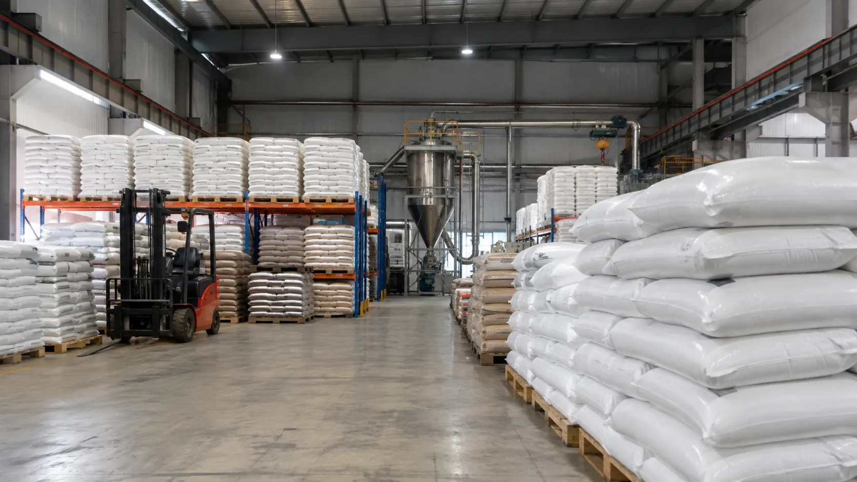 warehouse with forklift and bulk material bags stored on pallets for wire cable extruder feeding at uet machine china