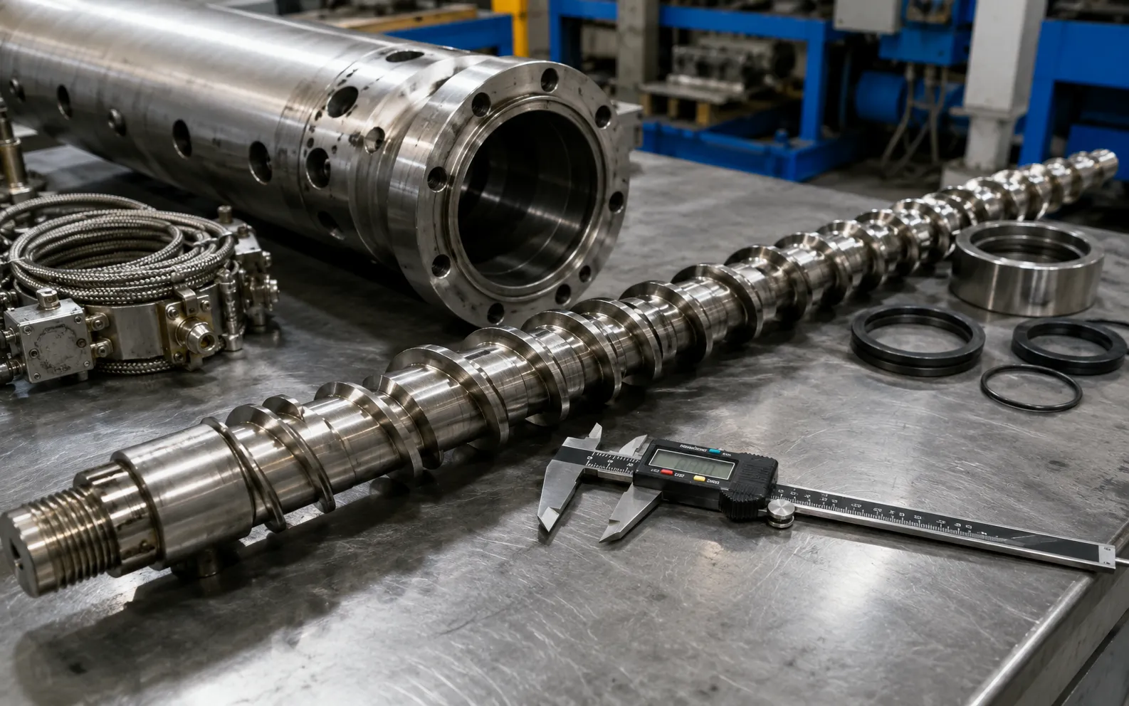 precision measurement of screw barrel wear and seal inspection during monthly wire cable extruder maintenance at uet